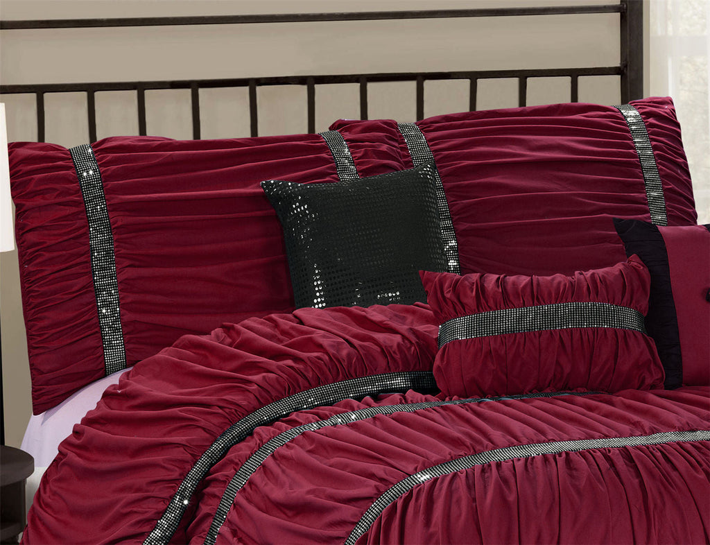 7 Piece Microfiber Ruffles Sequins Embroidery Bed In A Bag Comforter Set-Claraita
