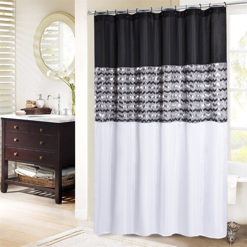 Modern Glitter Shower Curtain - Shimmer Sequin Design for Bathroom, Chic Stunning Bath Curtain with Color Block Design, 72" x 72"
