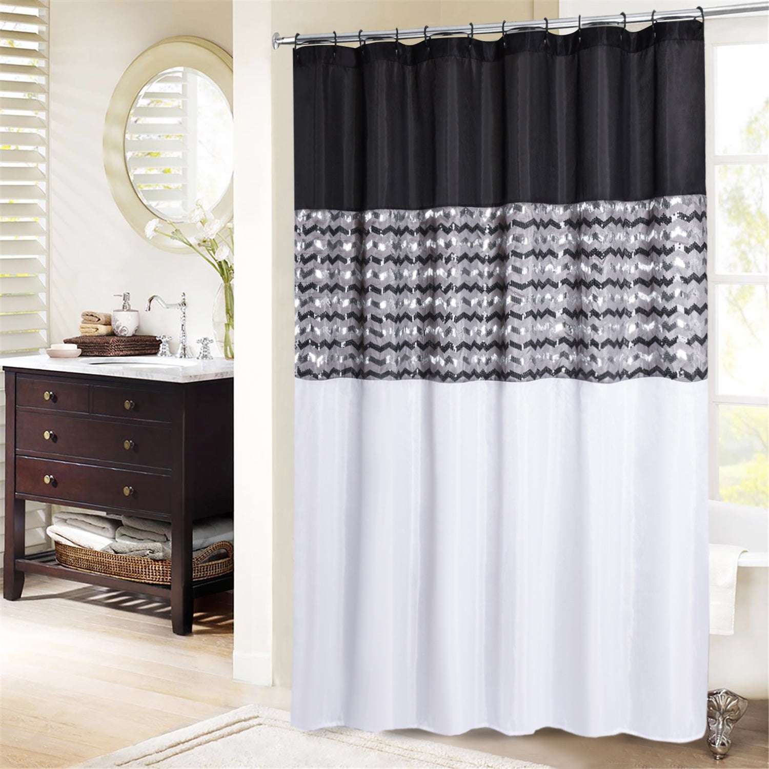 Modern Glitter Shower Curtain - Shimmer Sequin Design for Bathroom, Chic Stunning Bath Curtain with Color Block Design, 72" x 72"