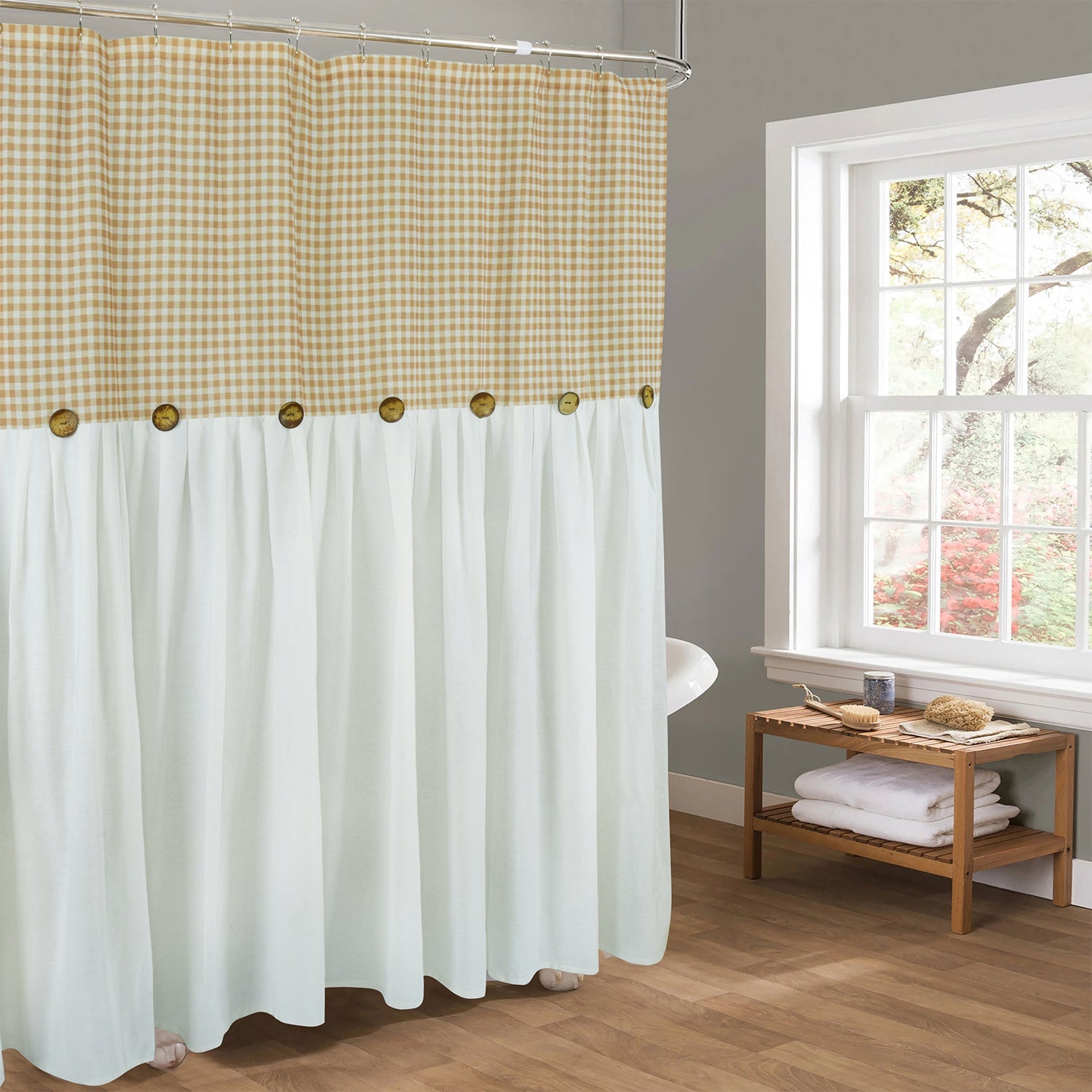 HIG Farmhouse Rust / Taupe with Ivory Buffalo Plaid Shower Curtain, Boho Rustic Decorative Bathroom Curtain with Buttons, Vintage Natural Textured Cotton Linen Fabric Shower Curtain, 72 x 72 In
