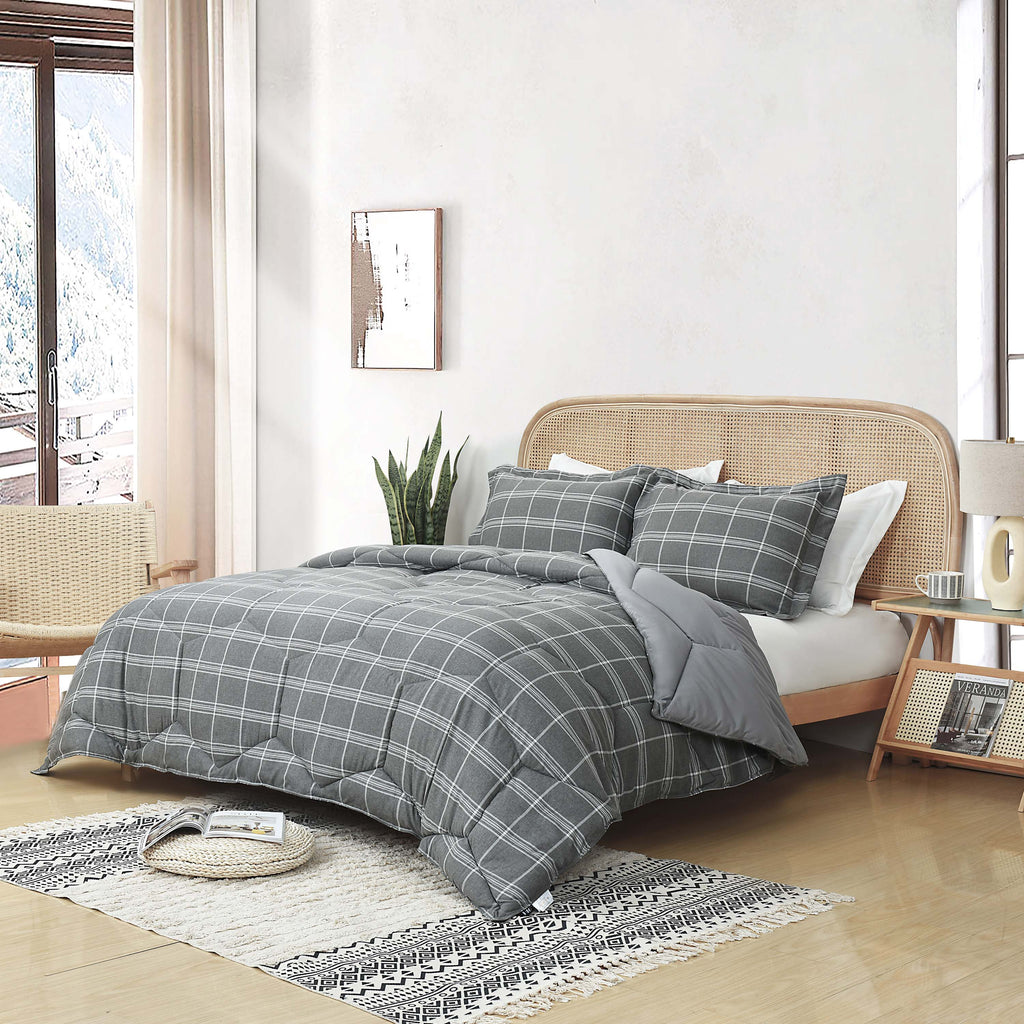 HIG 3PCS Reversible Check Pattern Comforter Set Cationic Dyeing Bedding Set, Beige / Gray, Queen / King