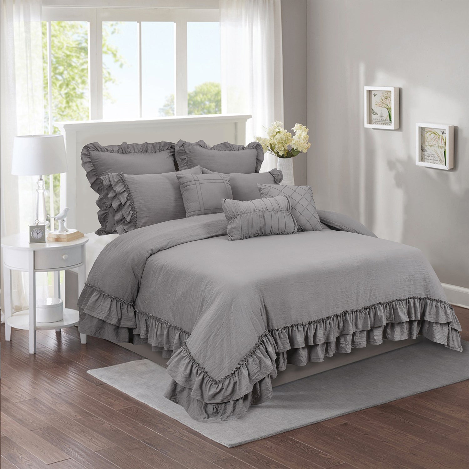 HIG 8 Piece Rustic Ruffle Comforter Set with 2 Layer of Handmade Ruffled Frindge Bed-in-A-Bag