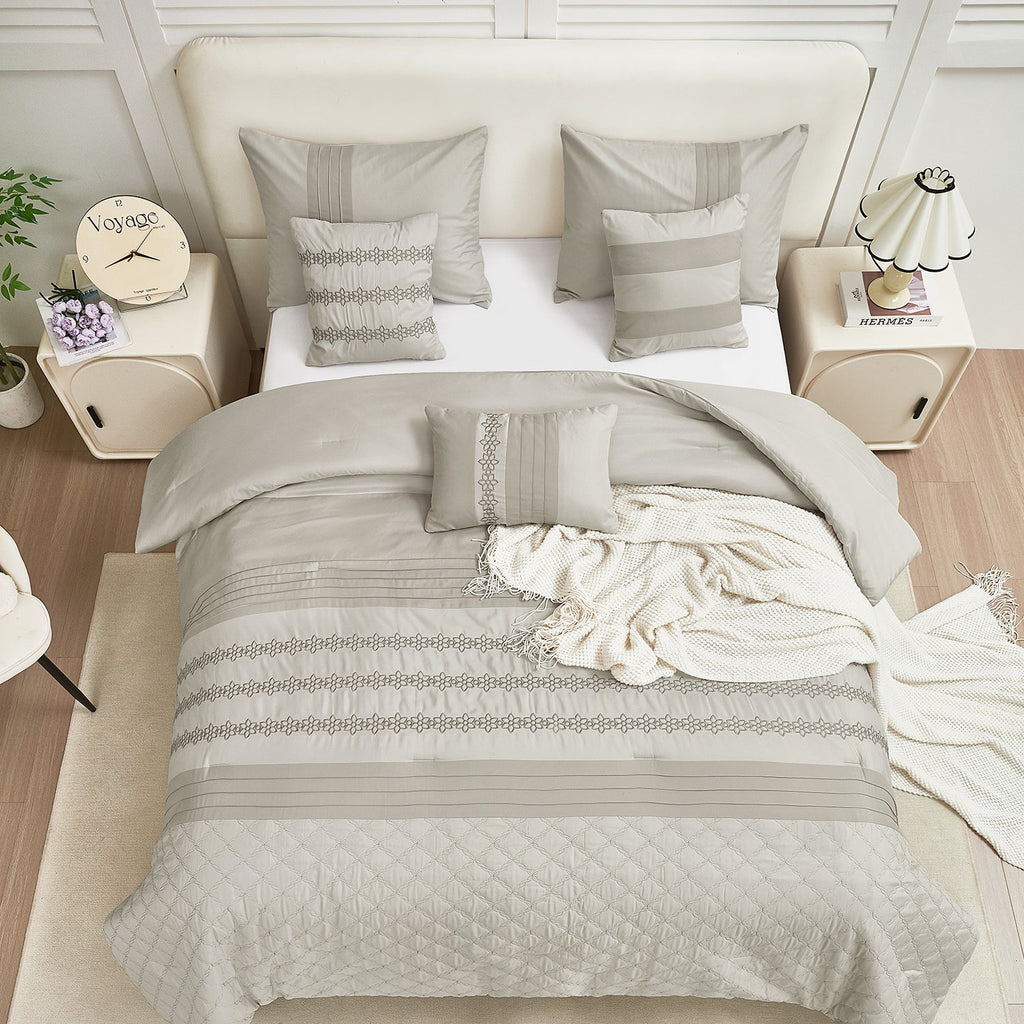HIG 7 Piece Embroidery White Bed in a Bag, Modern and Stylish Comforter Set for Adults