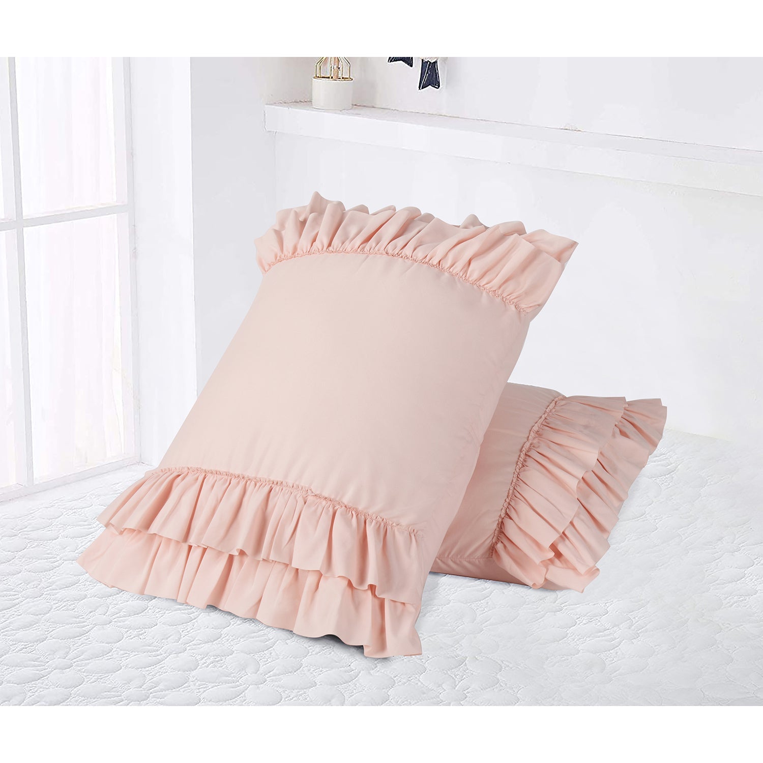 HIG Set of 2 White Microfiber Ruffle Pillow Shams Vintage Victorian Pillowcases