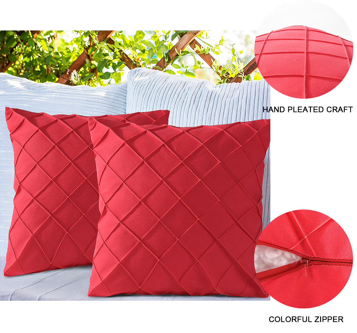HIG Pack of 4 Waterproof Outdoor Pillow Covers with Hand Pleated - 20x20 inch