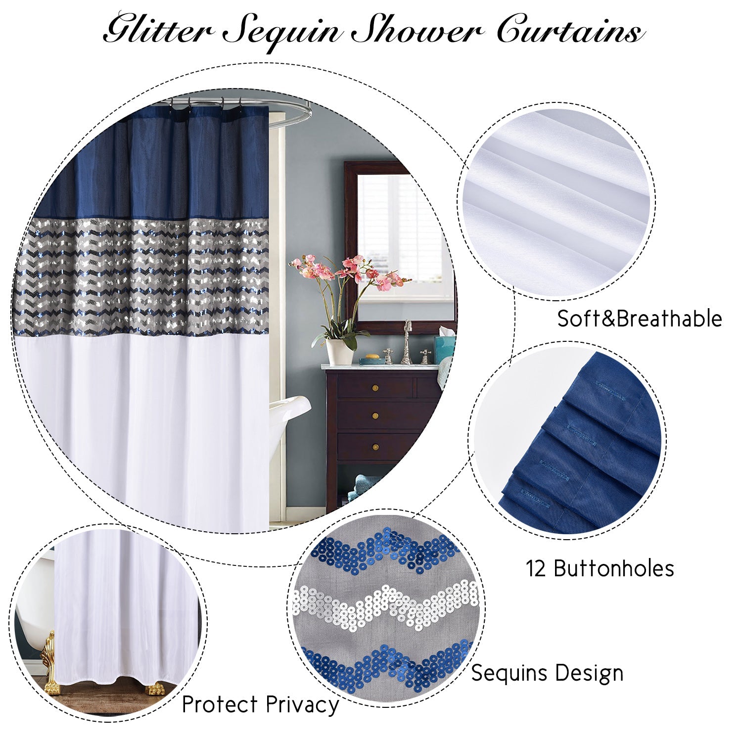 Modern Glitter Shower Curtain - Shimmer Sequin Design for Bathroom, Chic Stunning Bath Curtain with Color Block Design, 72" x 72"