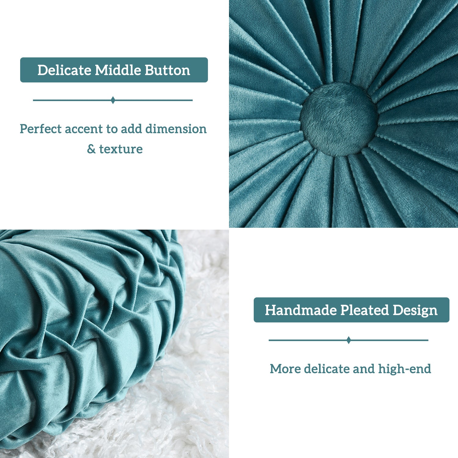 Set of 2 Decorative Velvet Round Pleated Throw Pillows,14.5" Diameter