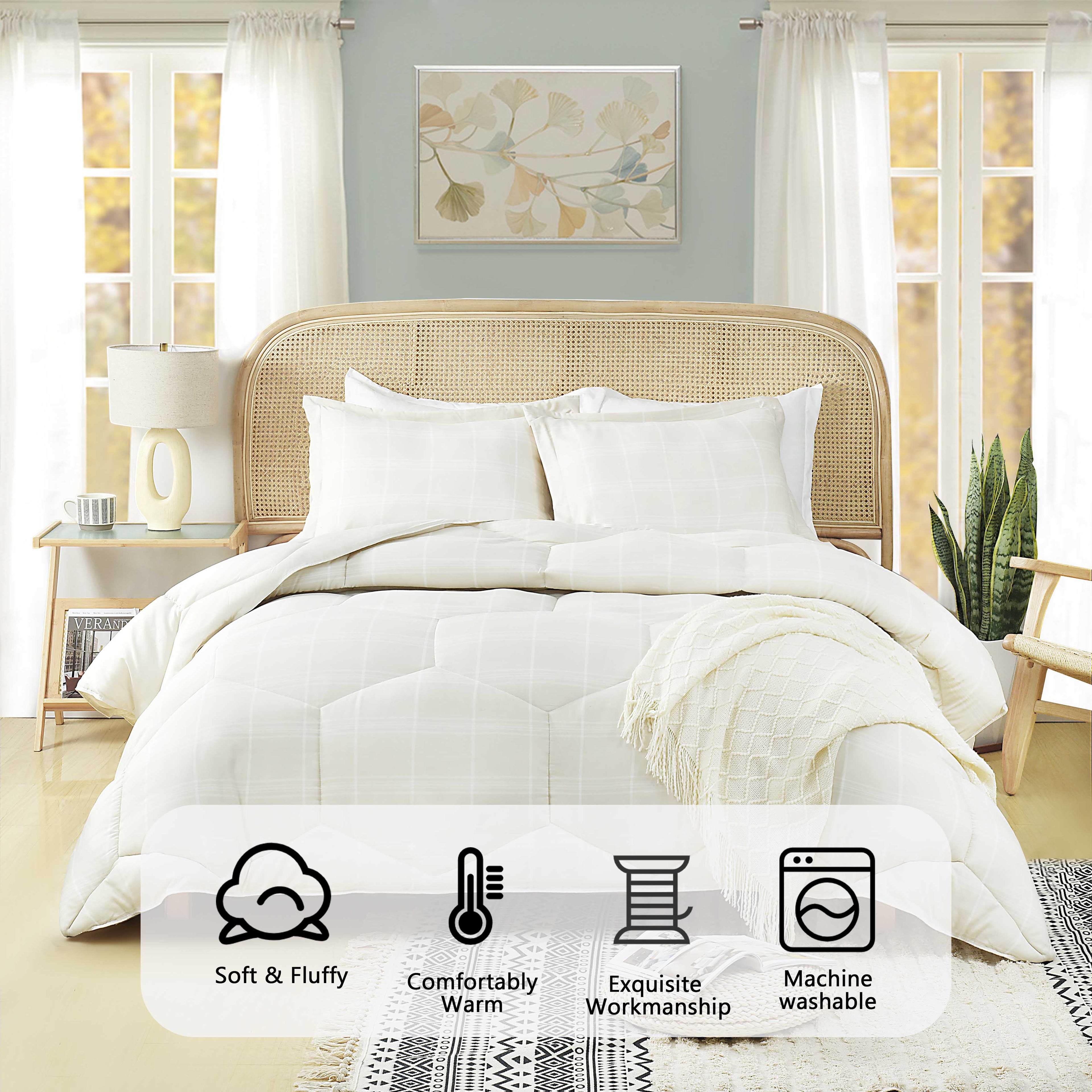HIG 3PCS Reversible Check Pattern Comforter Set Cationic Dyeing Bedding Set, Beige / Gray, Queen / King