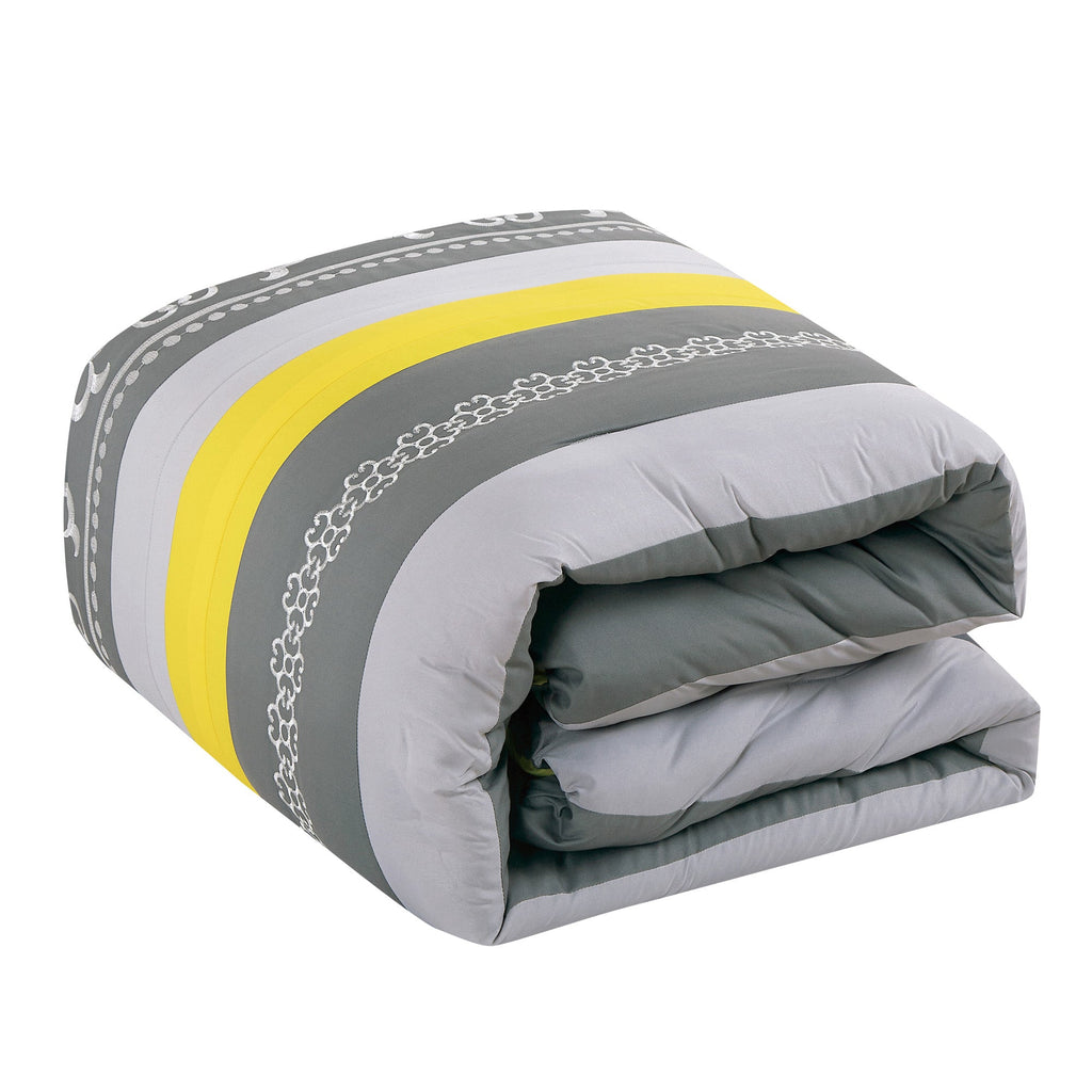 7 Piece Luxury Leaves Scroll Embroidery Bedding Comforter Set Gray and Yellow Bed in a Bag