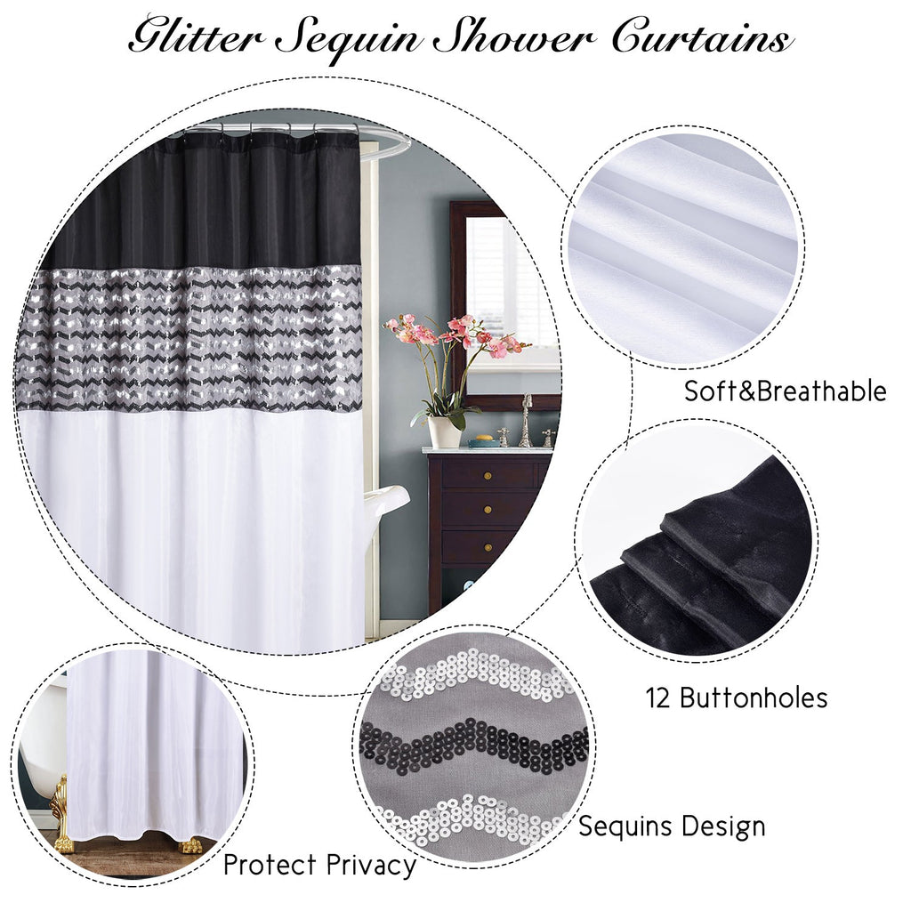 Modern Glitter Shower Curtain - Shimmer Sequin Design for Bathroom, Chic Stunning Bath Curtain with Color Block Design, 72" x 72"