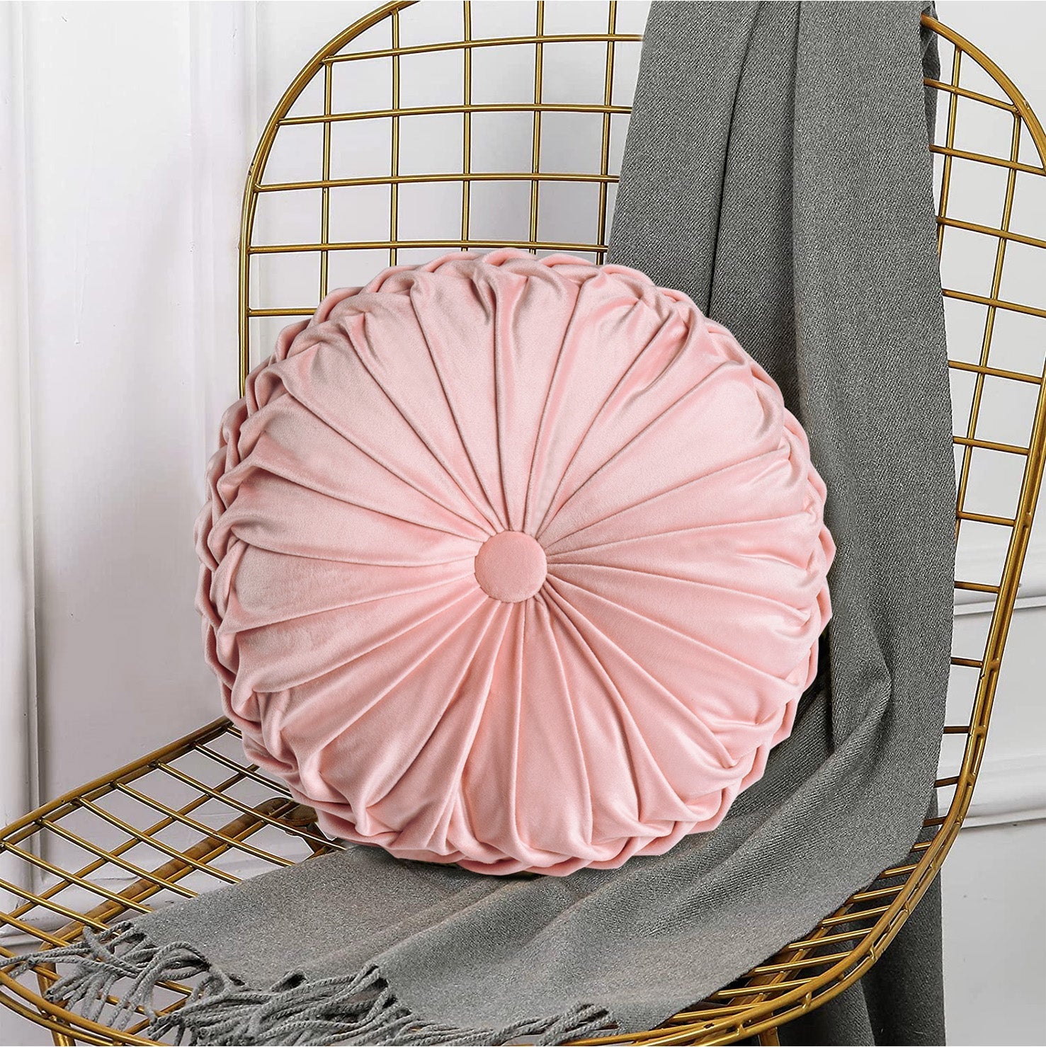 HIG Set of 2 Pumpkin Pleated Round Throw Pillows, Soft Velvet, 14.5" Diameter