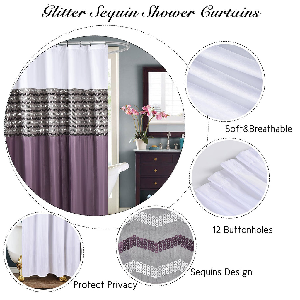Modern Glitter Shower Curtain - Shimmer Sequin Design for Bathroom, Chic Stunning Bath Curtain with Color Block Design, 72" x 72"