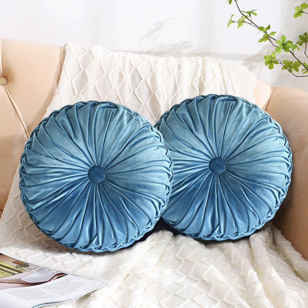 HIG Set of 2 Pumpkin Pleated Round Throw Pillows, Soft Velvet, 14.5" Diameter