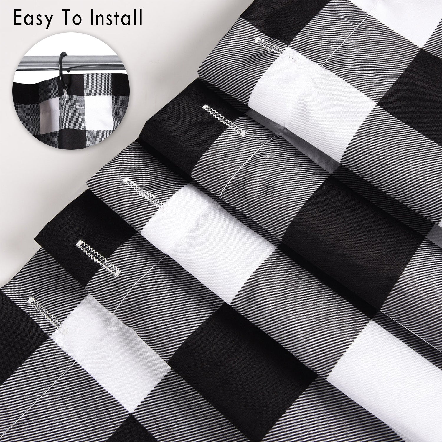 Chic Ruffled Shower Curtain with Black and White Buffalo Plaid, Boho Microfiber Bathtub Curtain with Natural Coconut Buttons, 72 x 72"