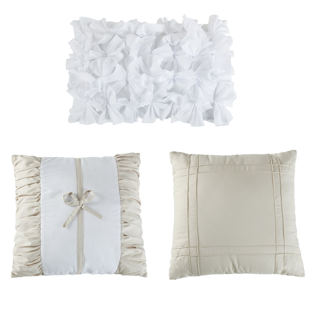HIG 7 Piece Ruched Pleat Comforter Set Camel and White Romantic Bed in a Bag Queen King Size