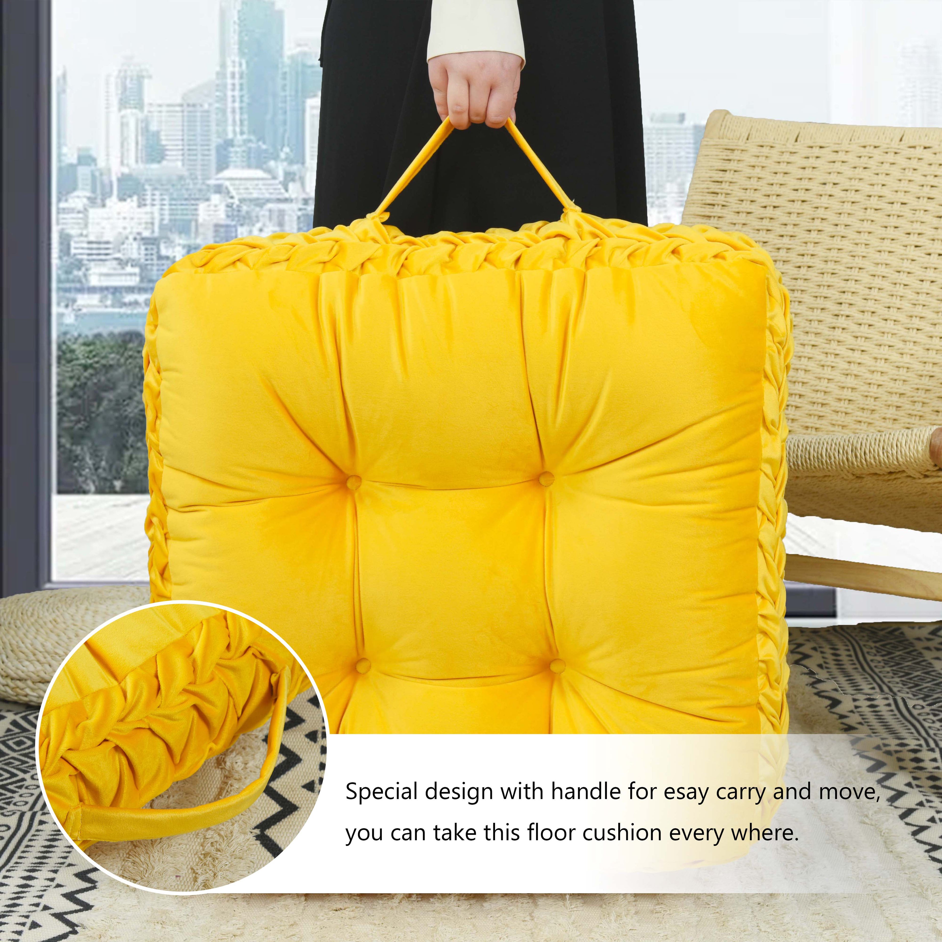 HIG Velvet Square Tufted Floor Pillow with Handmade Pleated 22x22 inch