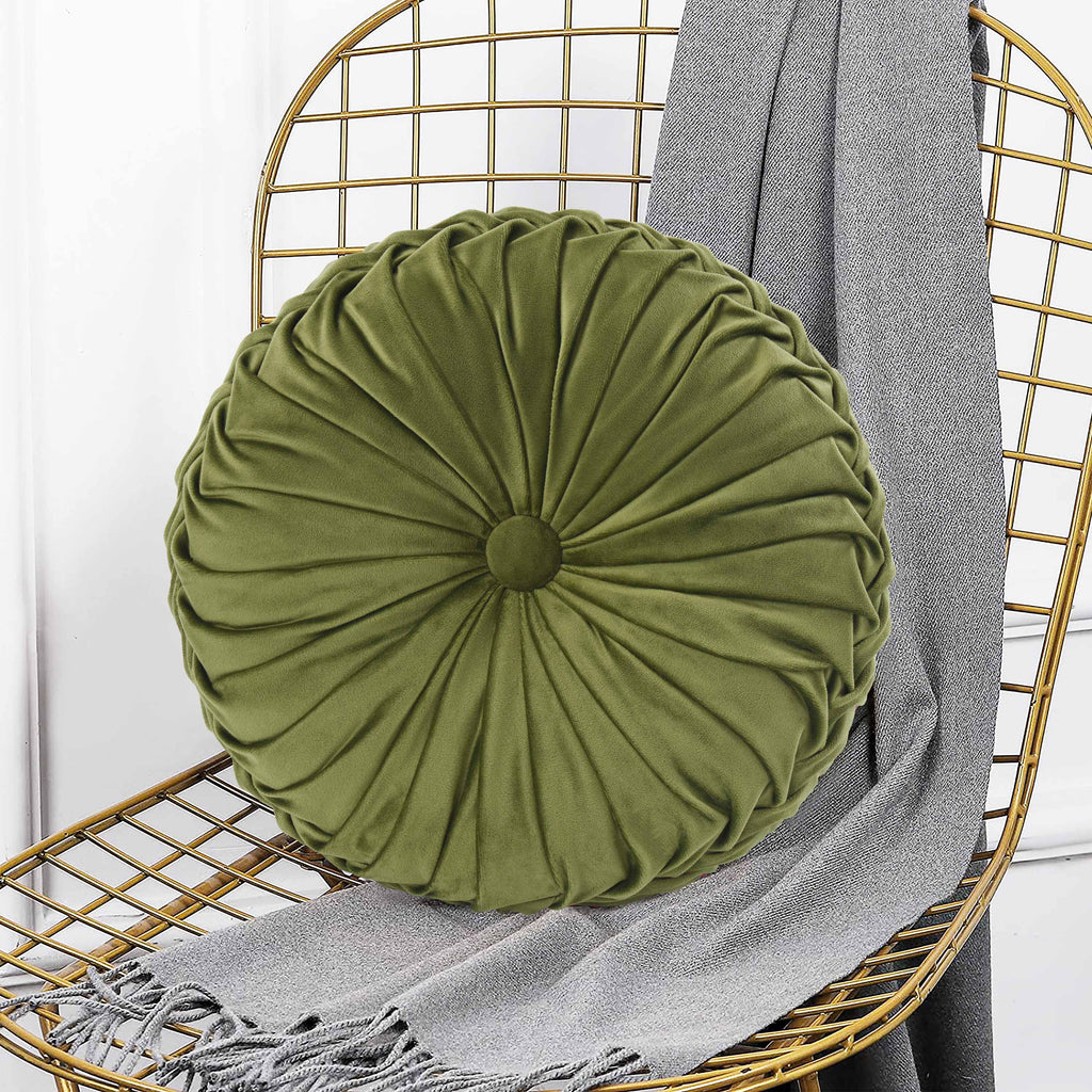 HIG Set of 2 Pumpkin Pleated Round Throw Pillows, Soft Velvet, 14.5" Diameter