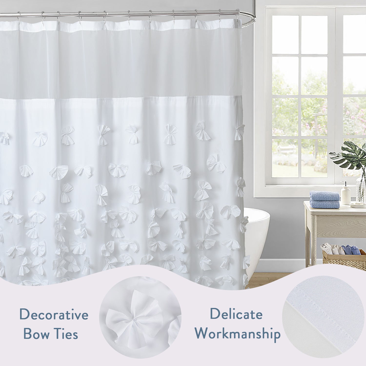 HIG Farmhouse Shower Curtain with Waterproof Detachable Liner, Boho Decorative Bathroom Curtain with Butterfly Flowers, Vintage Fabric Shower Curtain with See Through Window, 72" x 72"