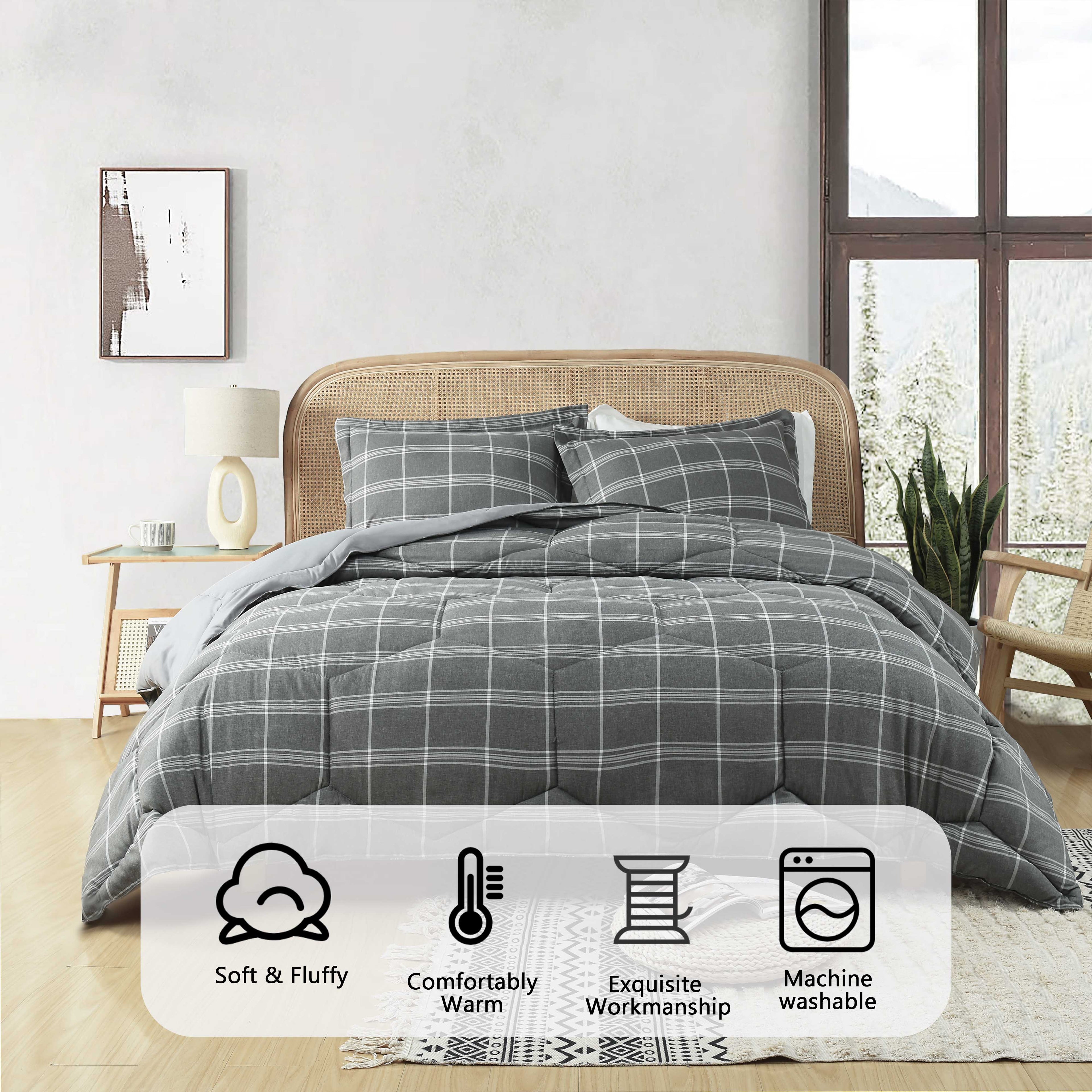HIG 3PCS Reversible Check Pattern Comforter Set Cationic Dyeing Bedding Set, Beige / Gray, Queen / King