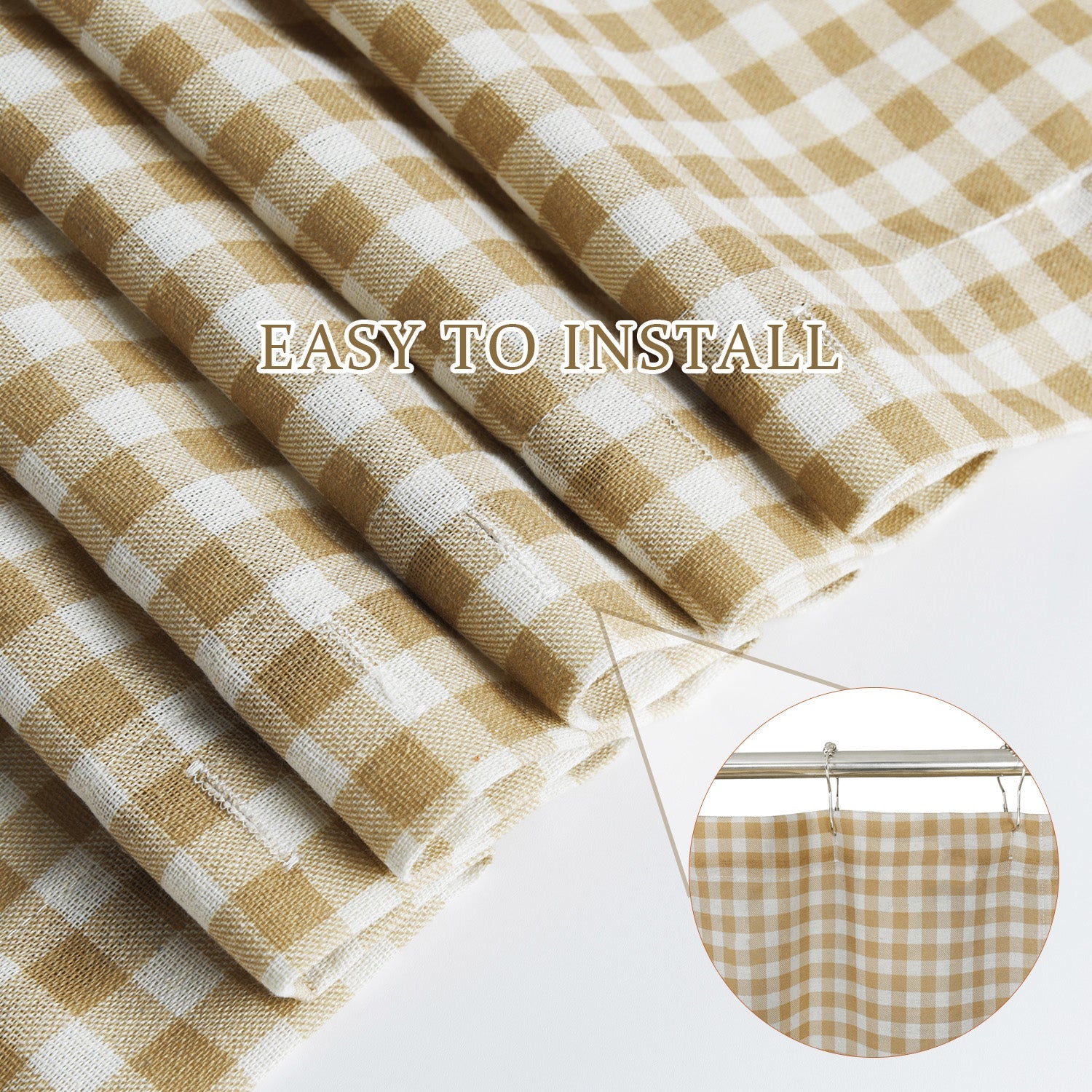 HIG Farmhouse Rust / Taupe with Ivory Buffalo Plaid Shower Curtain, Boho Rustic Decorative Bathroom Curtain with Buttons, Vintage Natural Textured Cotton Linen Fabric Shower Curtain, 72 x 72 In