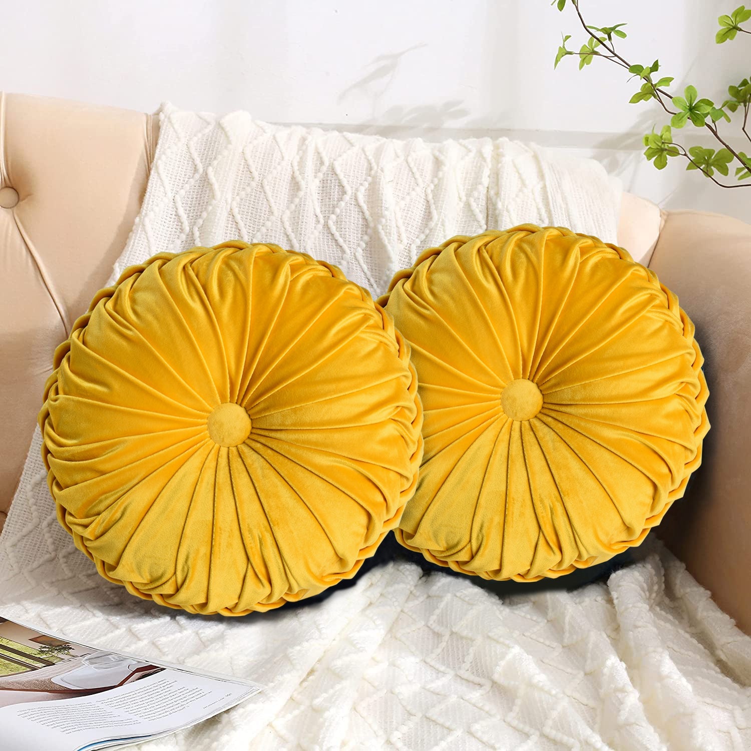 HIG Set of 2 Pumpkin Pleated Round Throw Pillows, Soft Velvet, 14.5" Diameter
