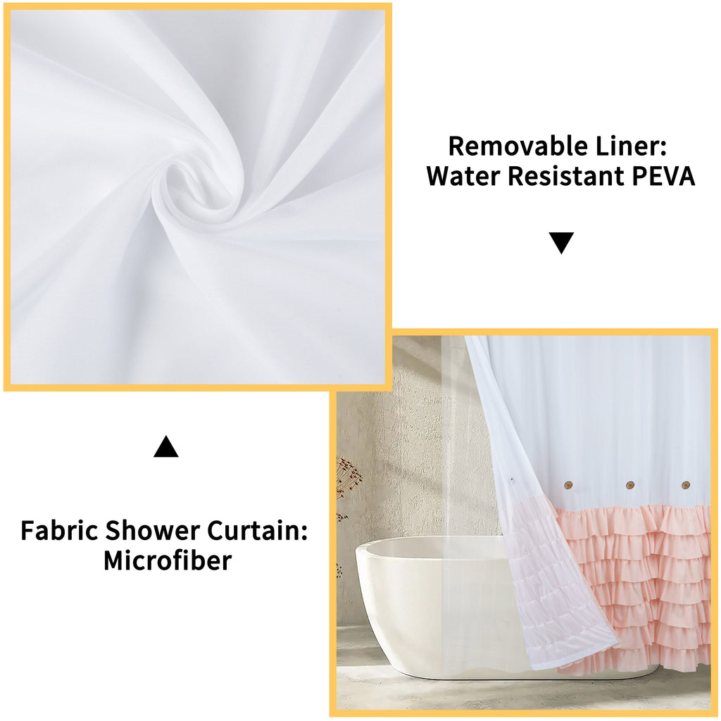 HIG Farmhouse Shower Curtain with PEVA Liner Bathroom Curtain with Buttons Decor, 72"x72"