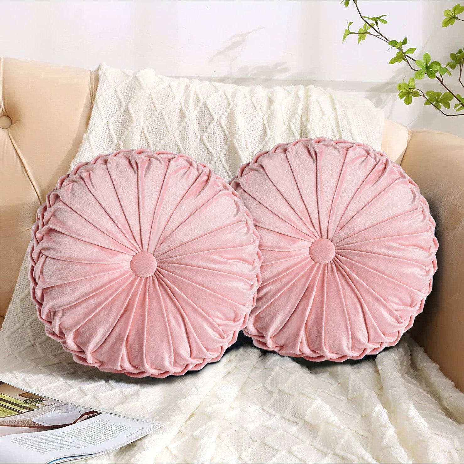 HIG Set of 2 Pumpkin Pleated Round Throw Pillows, Soft Velvet, 14.5" Diameter