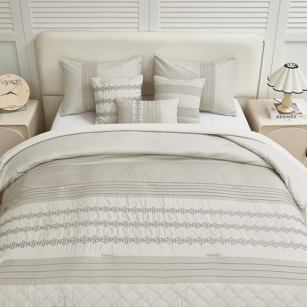 HIG 7 Piece Embroidery White Bed in a Bag, Modern and Stylish Comforter Set for Adults