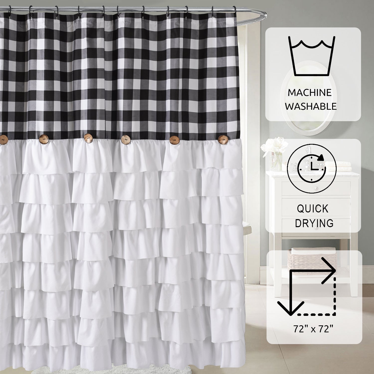 Chic Ruffled Shower Curtain with Black and White Buffalo Plaid, Boho Microfiber Bathtub Curtain with Natural Coconut Buttons, 72 x 72"