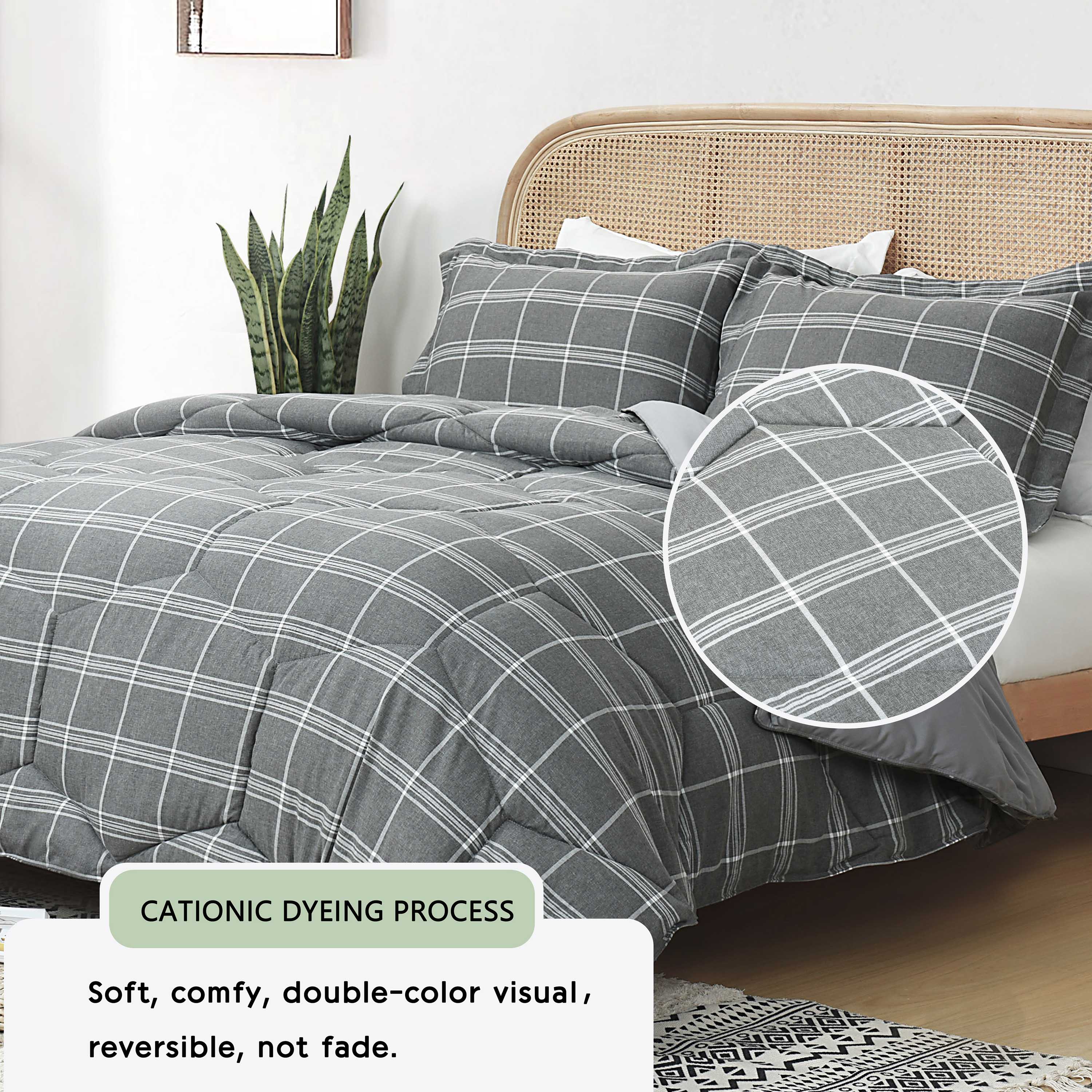 HIG 3PCS Reversible Check Pattern Comforter Set Cationic Dyeing Bedding Set, Beige / Gray, Queen / King