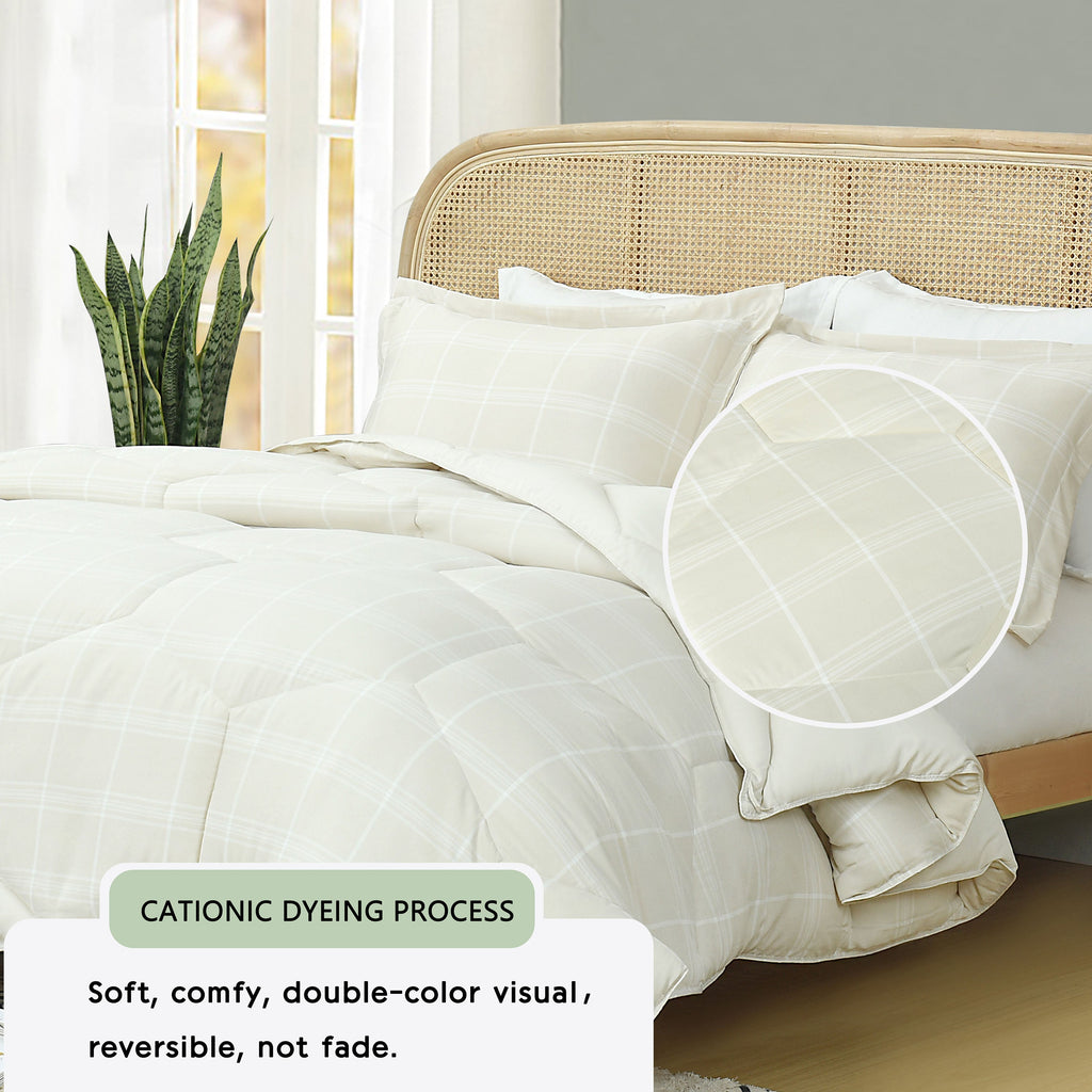 HIG 3PCS Reversible Check Pattern Comforter Set Cationic Dyeing Bedding Set, Beige / Gray, Queen / King