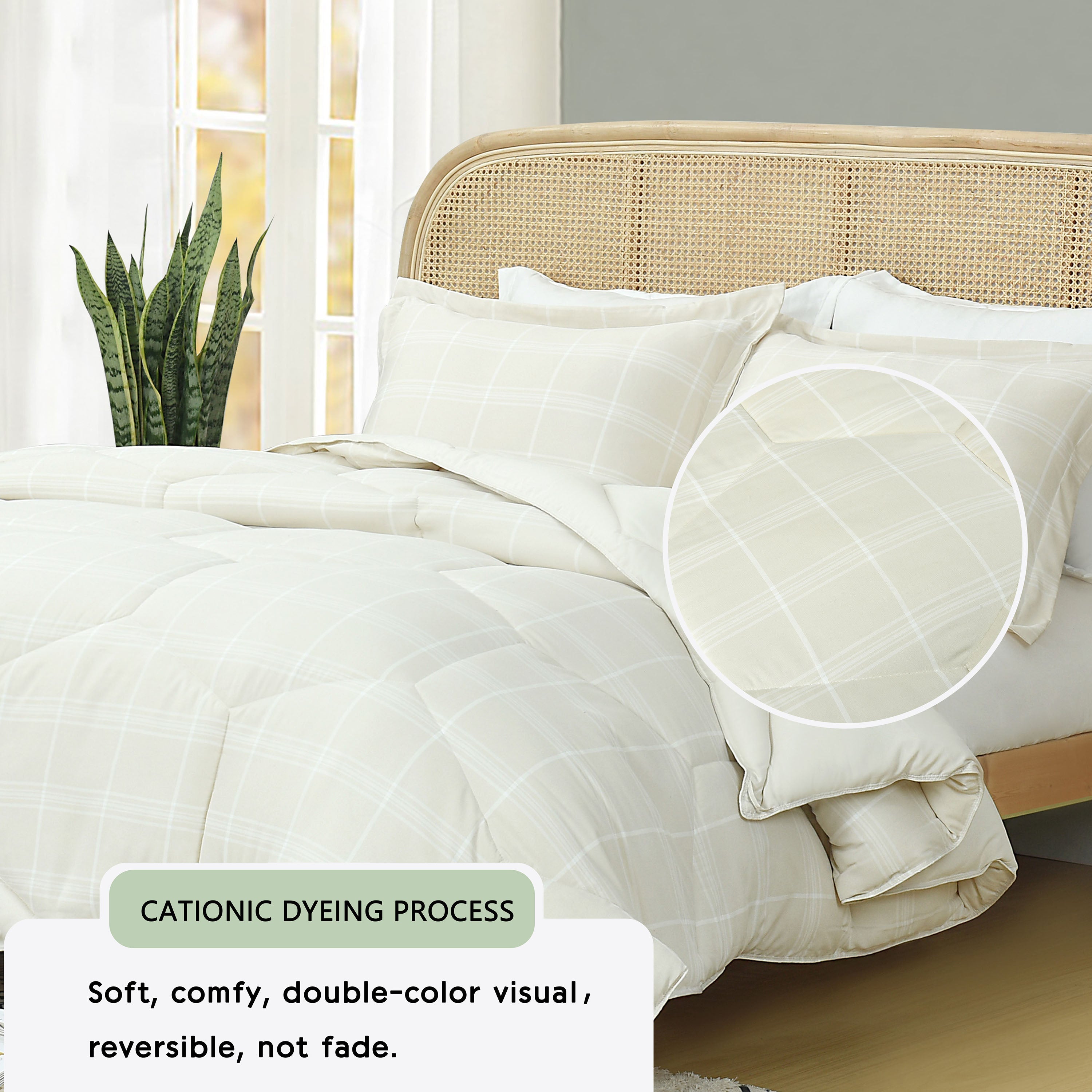 HIG 3PCS Reversible Check Pattern Comforter Set Cationic Dyeing Bedding Set, Beige / Gray, Queen / King