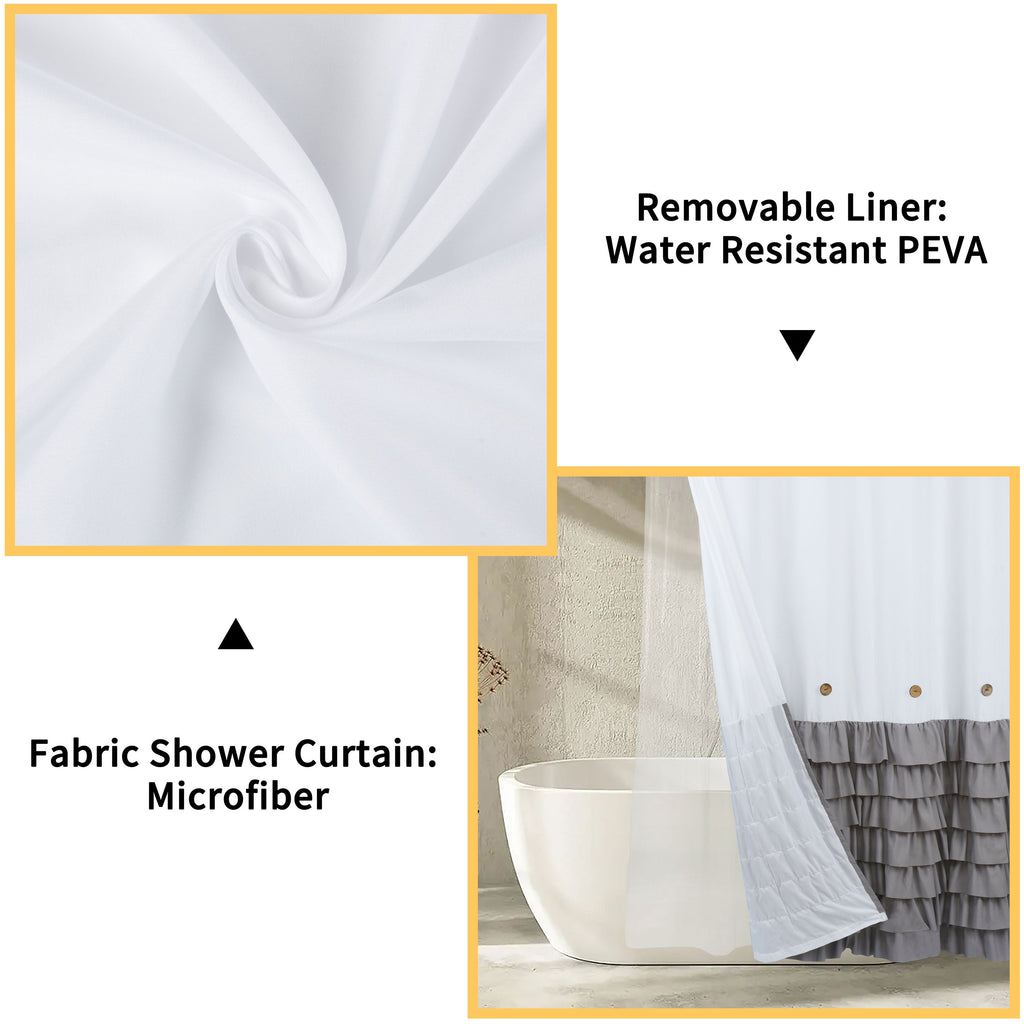 HIG Farmhouse Shower Curtain with PEVA Liner Bathroom Curtain with Buttons Decor, 72"x72"