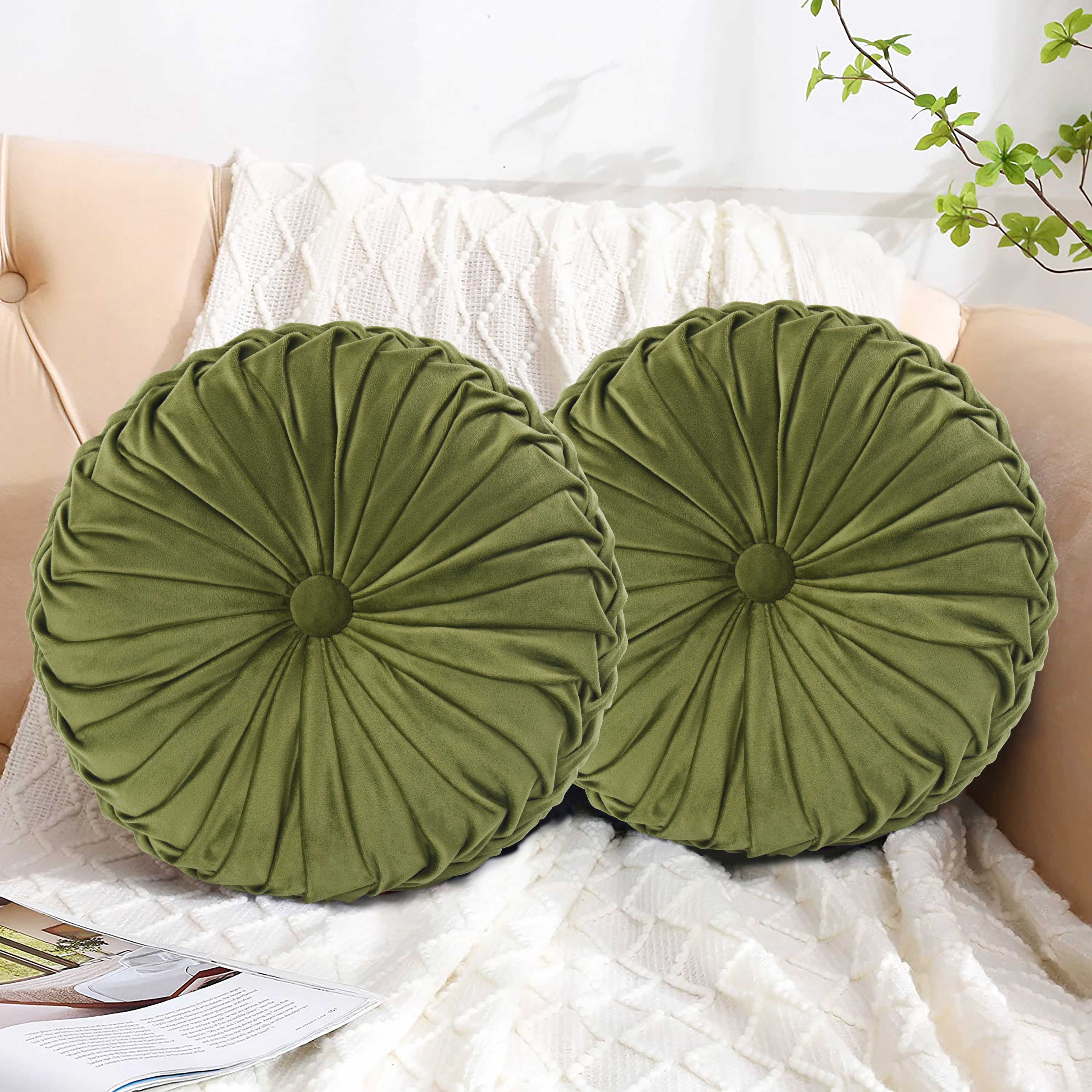 HIG Set of 2 Pumpkin Pleated Round Throw Pillows, Soft Velvet, 14.5" Diameter