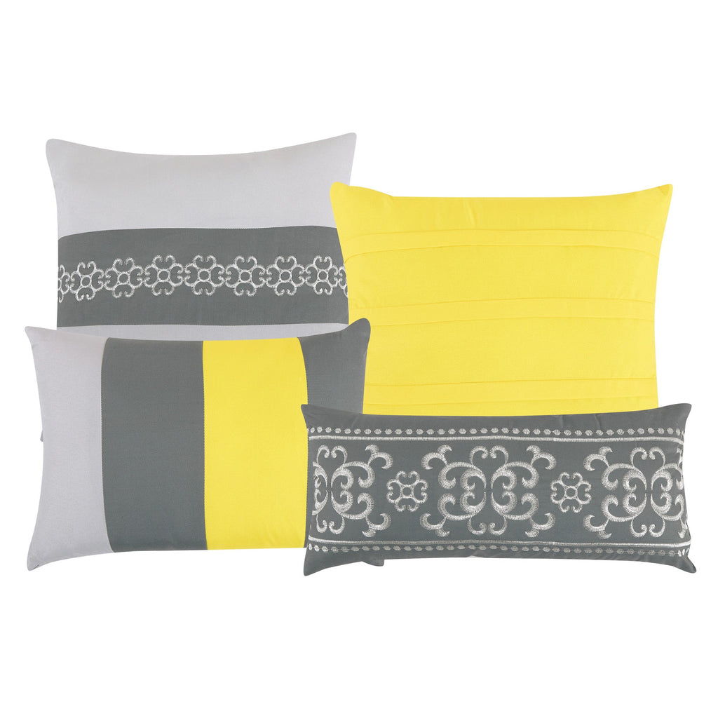 7 Piece Luxury Leaves Scroll Embroidery Bedding Comforter Set Gray and Yellow Bed in a Bag