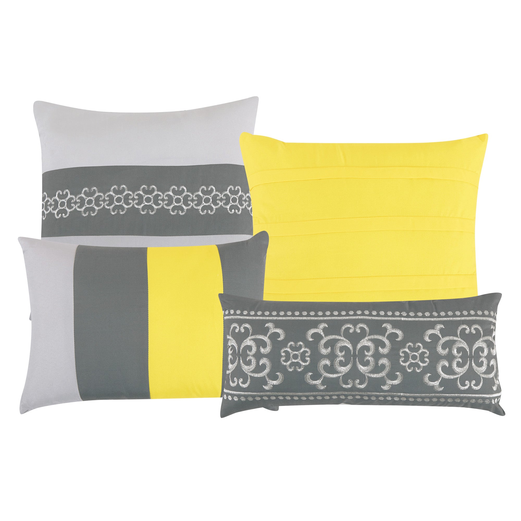 7 Piece Luxury Leaves Scroll Embroidery Bedding Comforter Set Gray and Yellow Bed in a Bag