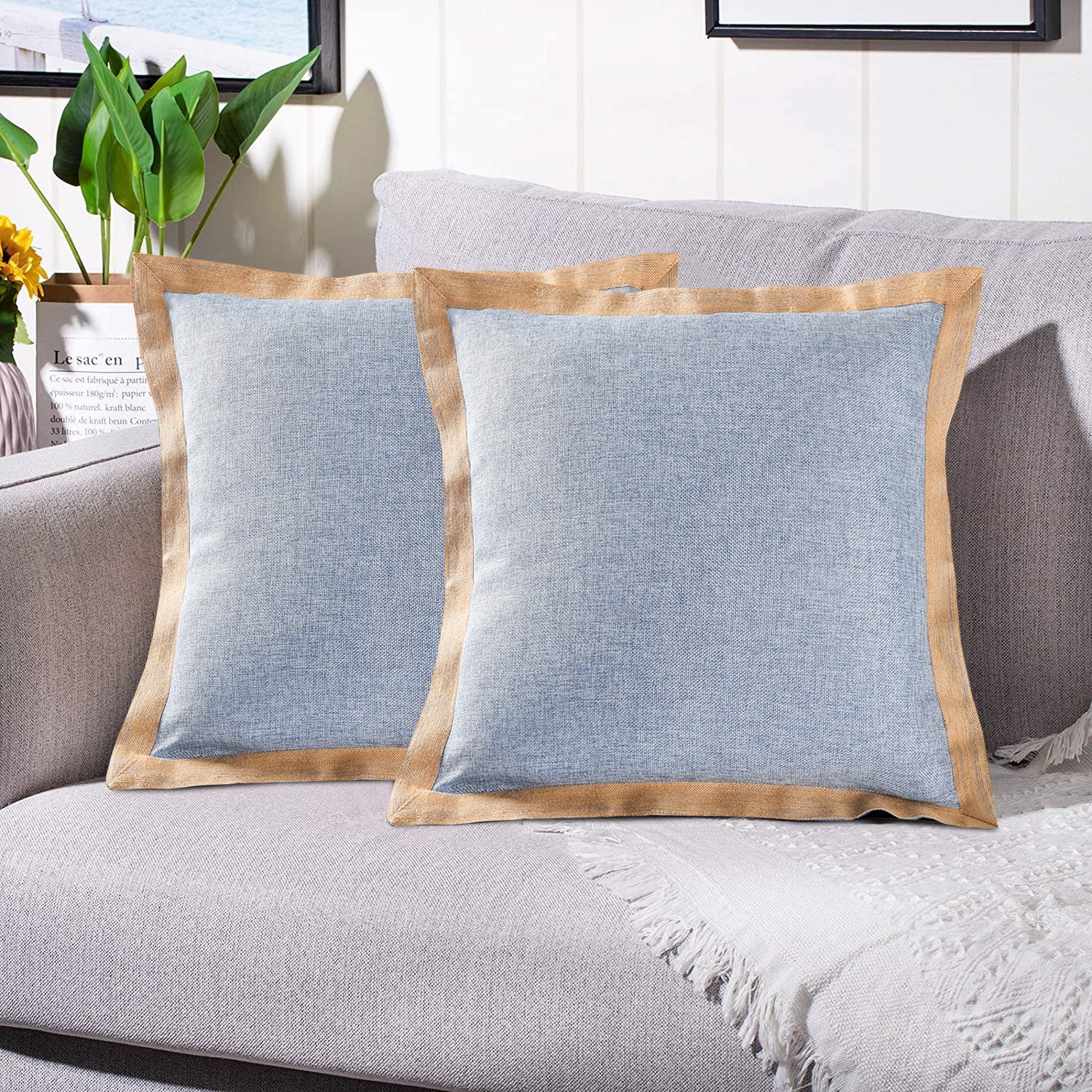 2 Piece Handmade Vintage Faux Rustic Decorative Pillow Covers with Linen Edge