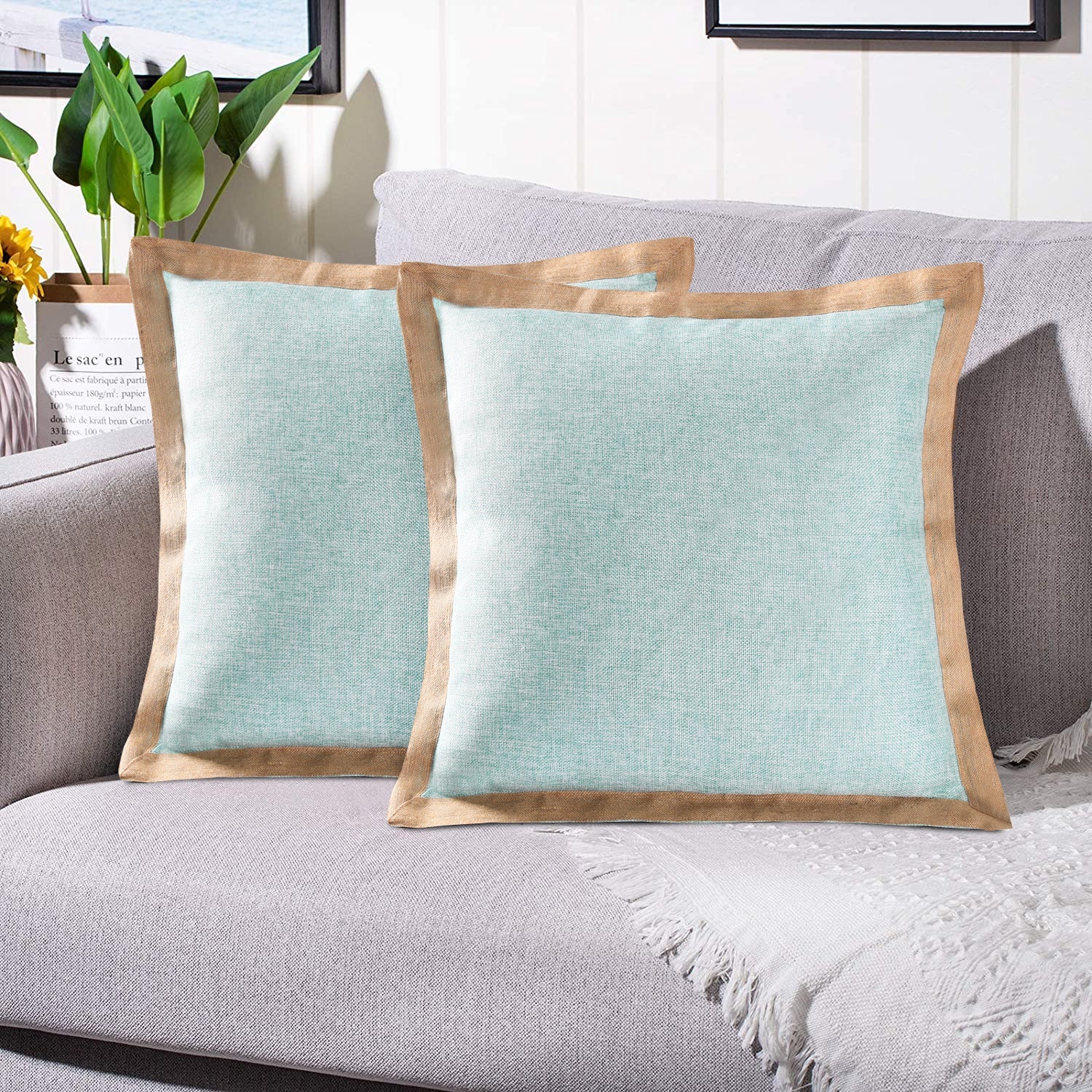 2 Piece Handmade Vintage Faux Rustic Decorative Pillow Covers with Linen Edge