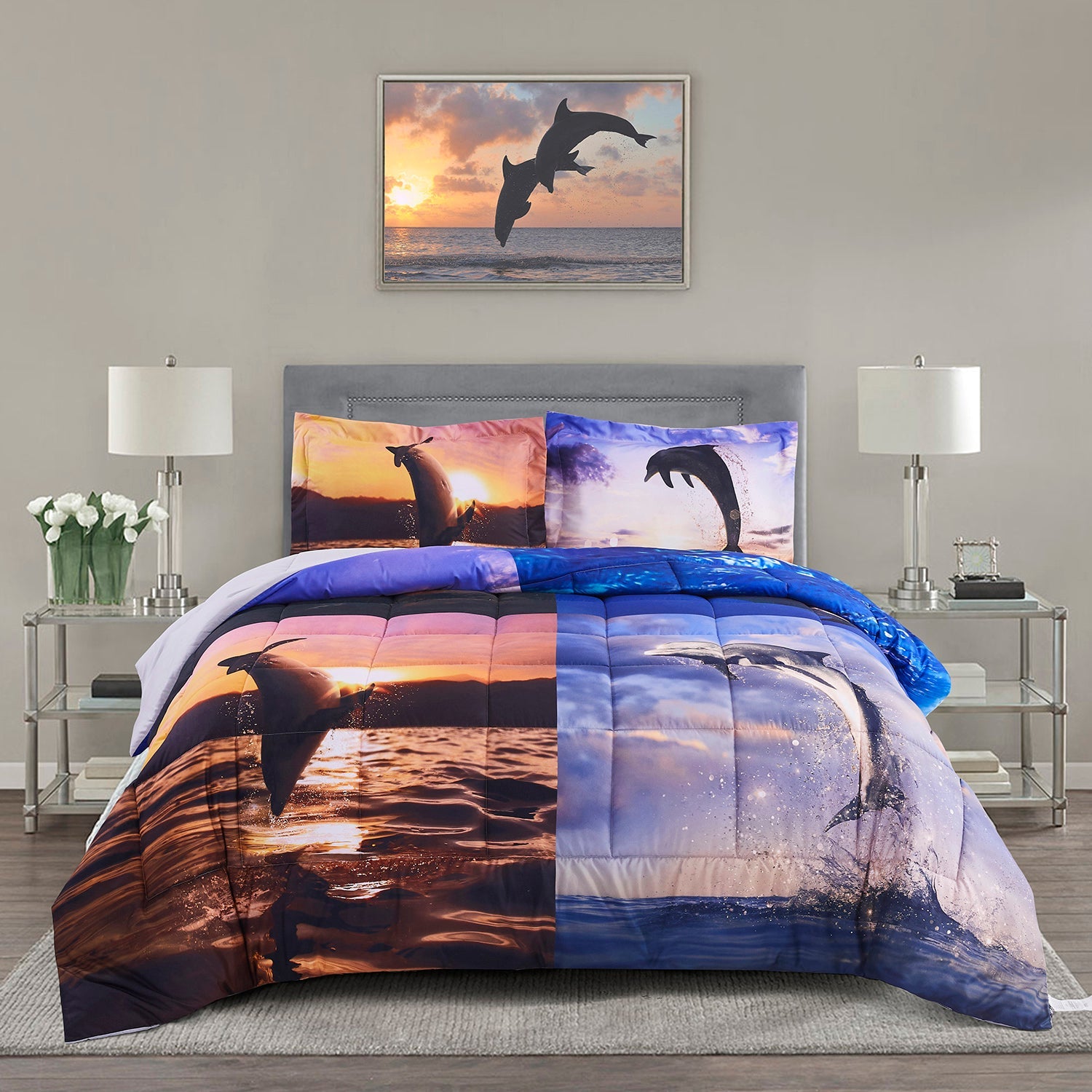 3D Reactive Print Sea Dolphin All Season Comforter Set Twin Queen Size-S1