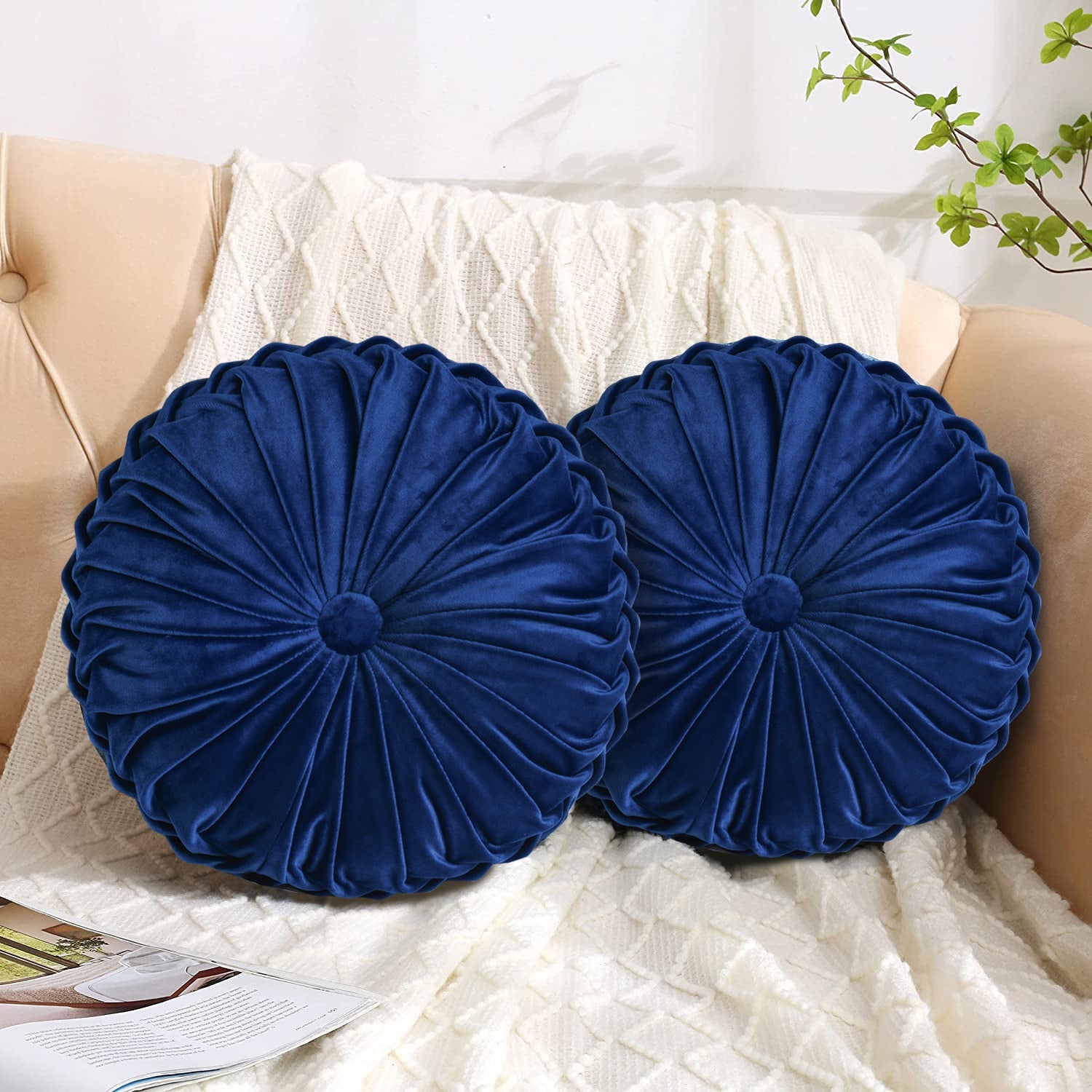Set of 2 Decorative Velvet Round Pleated Throw Pillows,14.5" Diameter