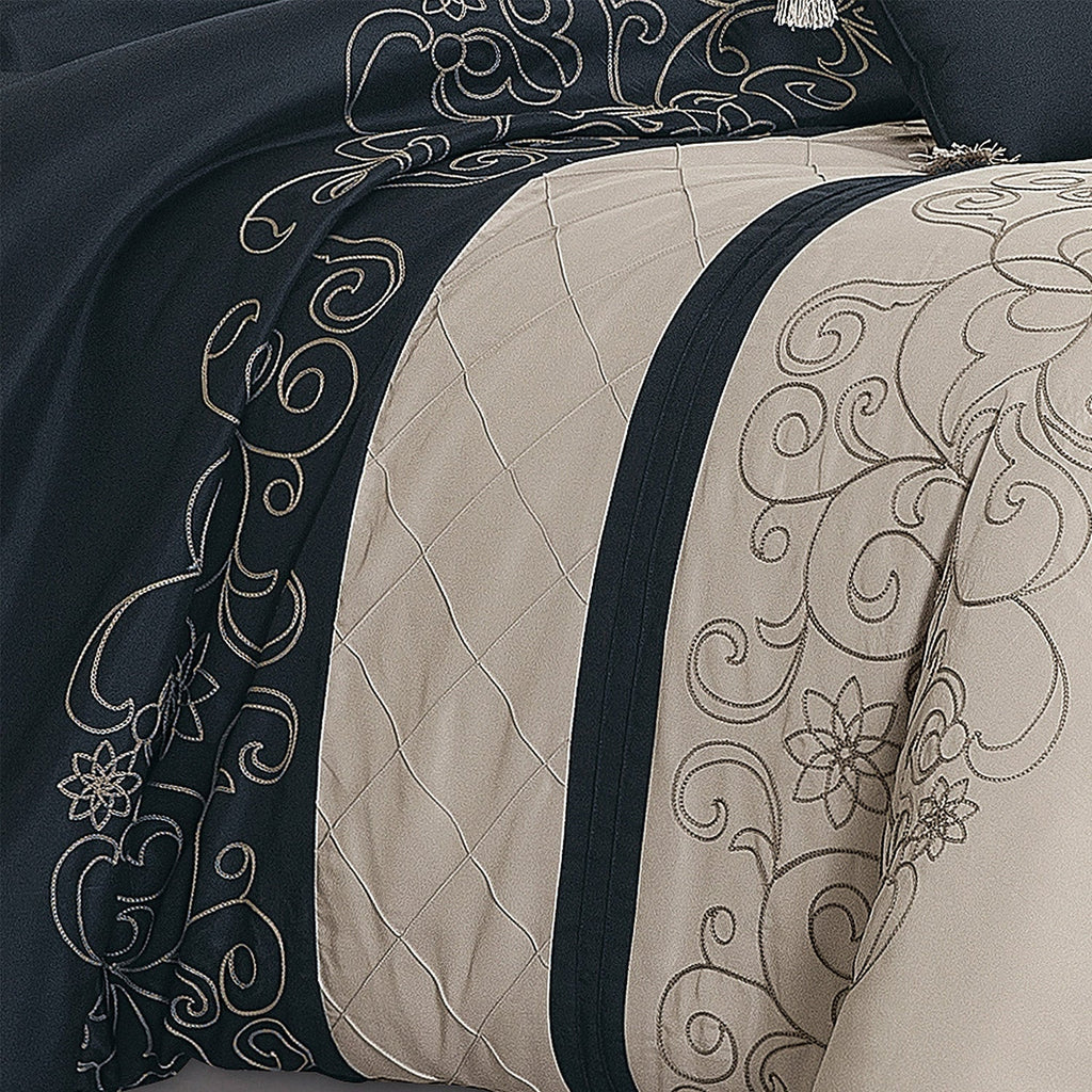 7 Piece Luxurious Floral Embroidered Black Comforters Bed in a Bag Queen King Bedding Set