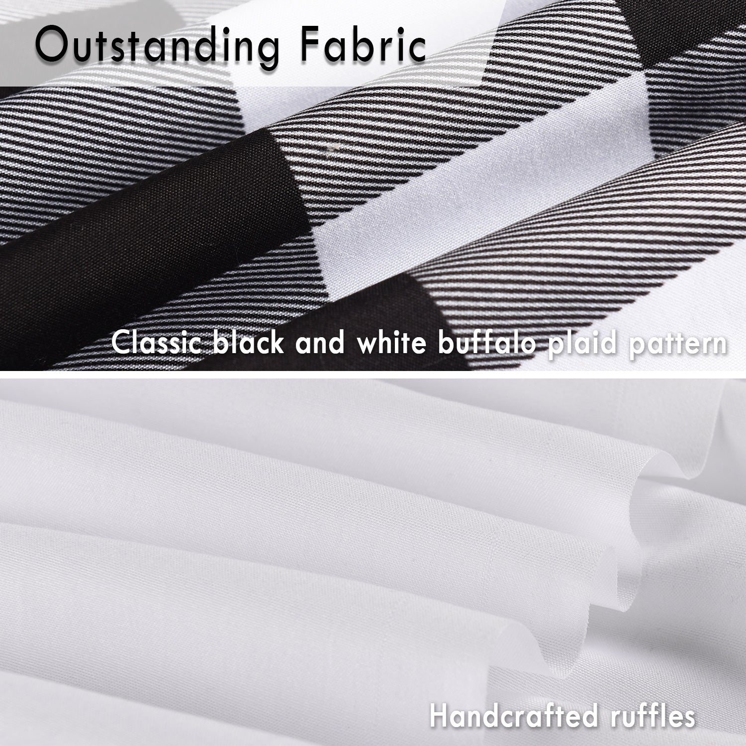 Chic Ruffled Shower Curtain with Black and White Buffalo Plaid, Boho Microfiber Bathtub Curtain with Natural Coconut Buttons, 72 x 72"