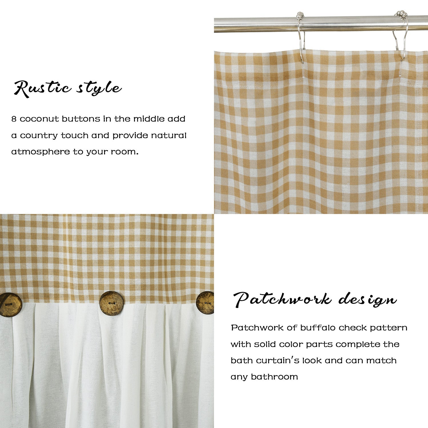 HIG Farmhouse Rust / Taupe with Ivory Buffalo Plaid Shower Curtain, Boho Rustic Decorative Bathroom Curtain with Buttons, Vintage Natural Textured Cotton Linen Fabric Shower Curtain, 72 x 72 In