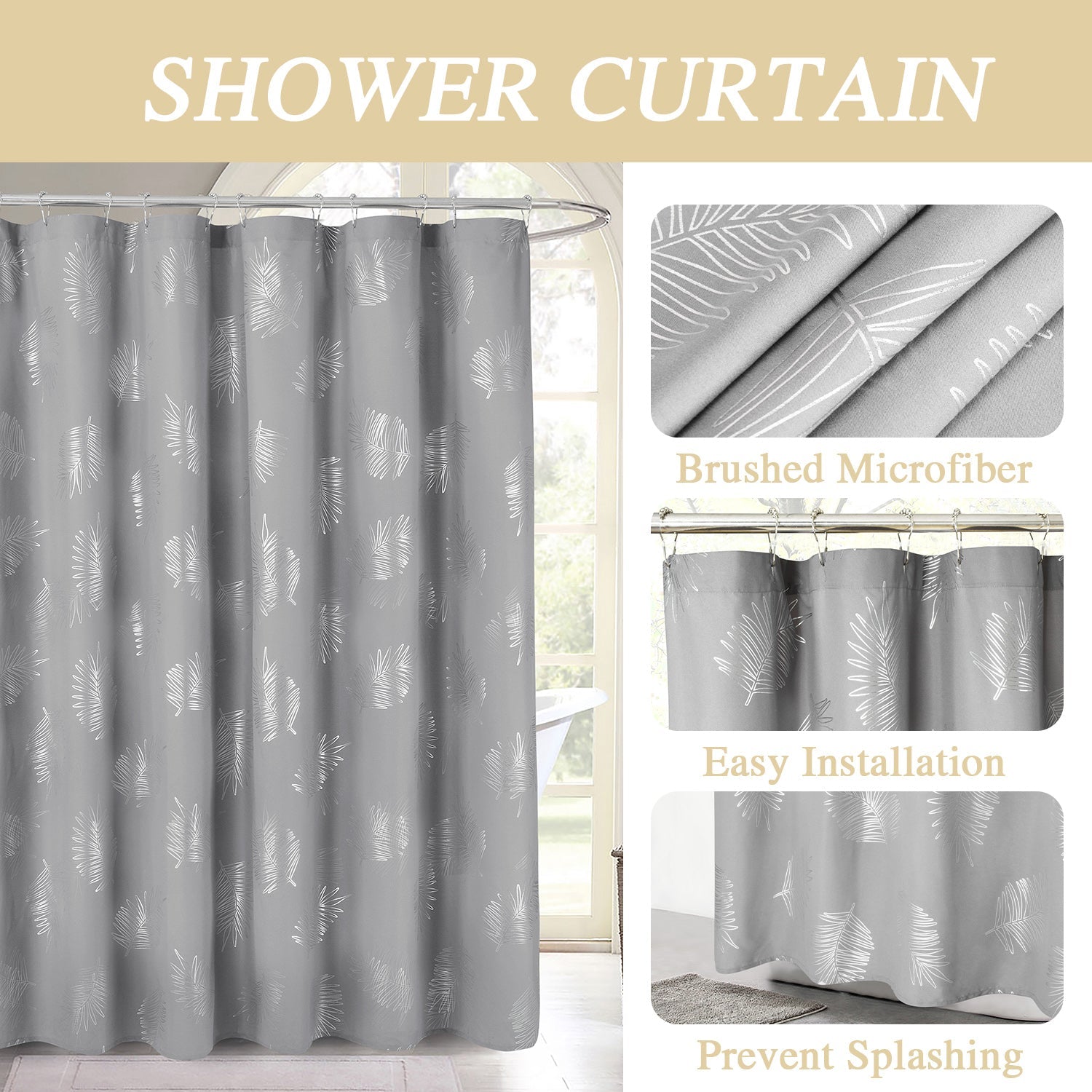 HIG Glitterr Foil Palm Tree Leaf Printed Shower Curtain, Modern Tropical Fabric Shower Curtains for Bathroom Decor, Decorative Shiny Bath Curtain, 72" x 72"