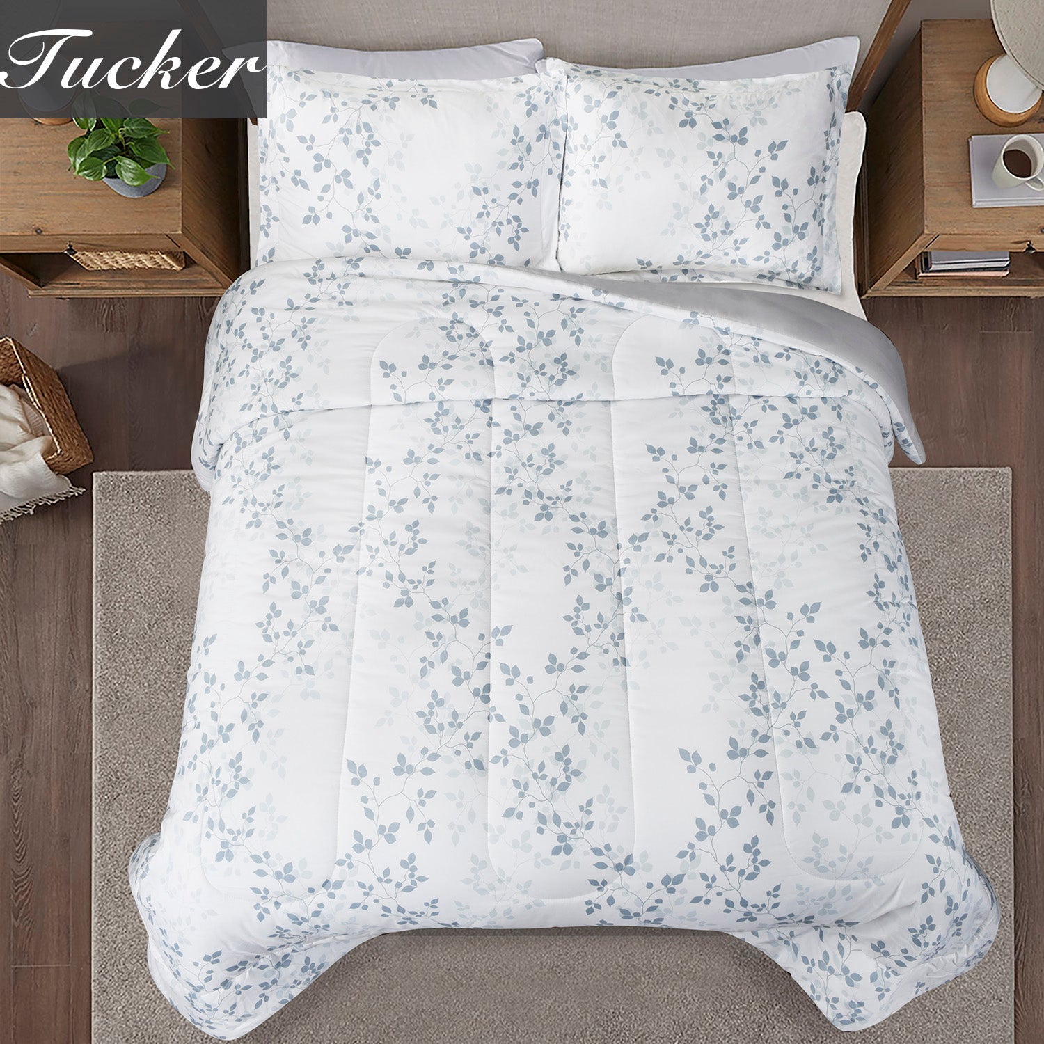 HIG 3 Pieces Botanical Printed Comforter Set with Tree Branches and Leaves, King