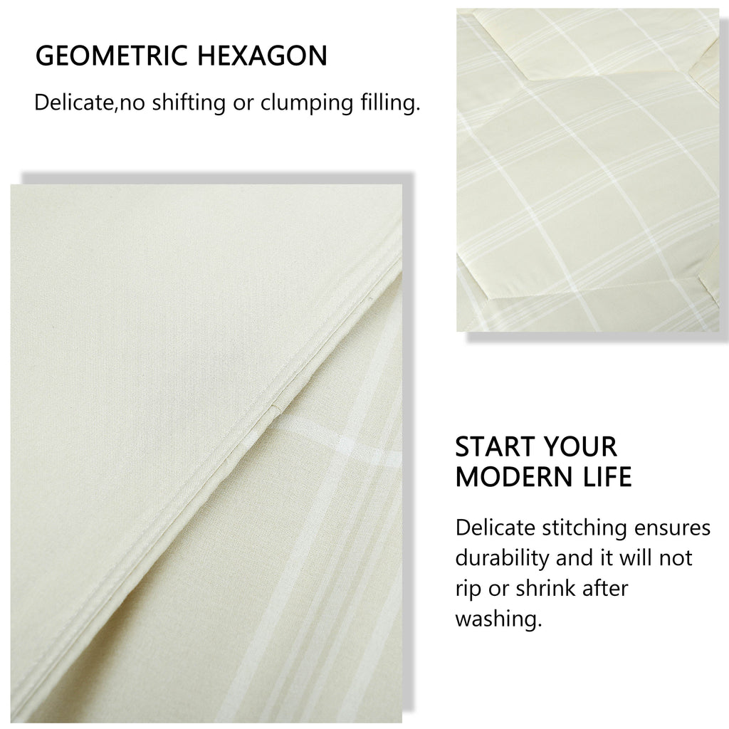HIG 3PCS Reversible Check Pattern Comforter Set Cationic Dyeing Bedding Set, Beige / Gray, Queen / King