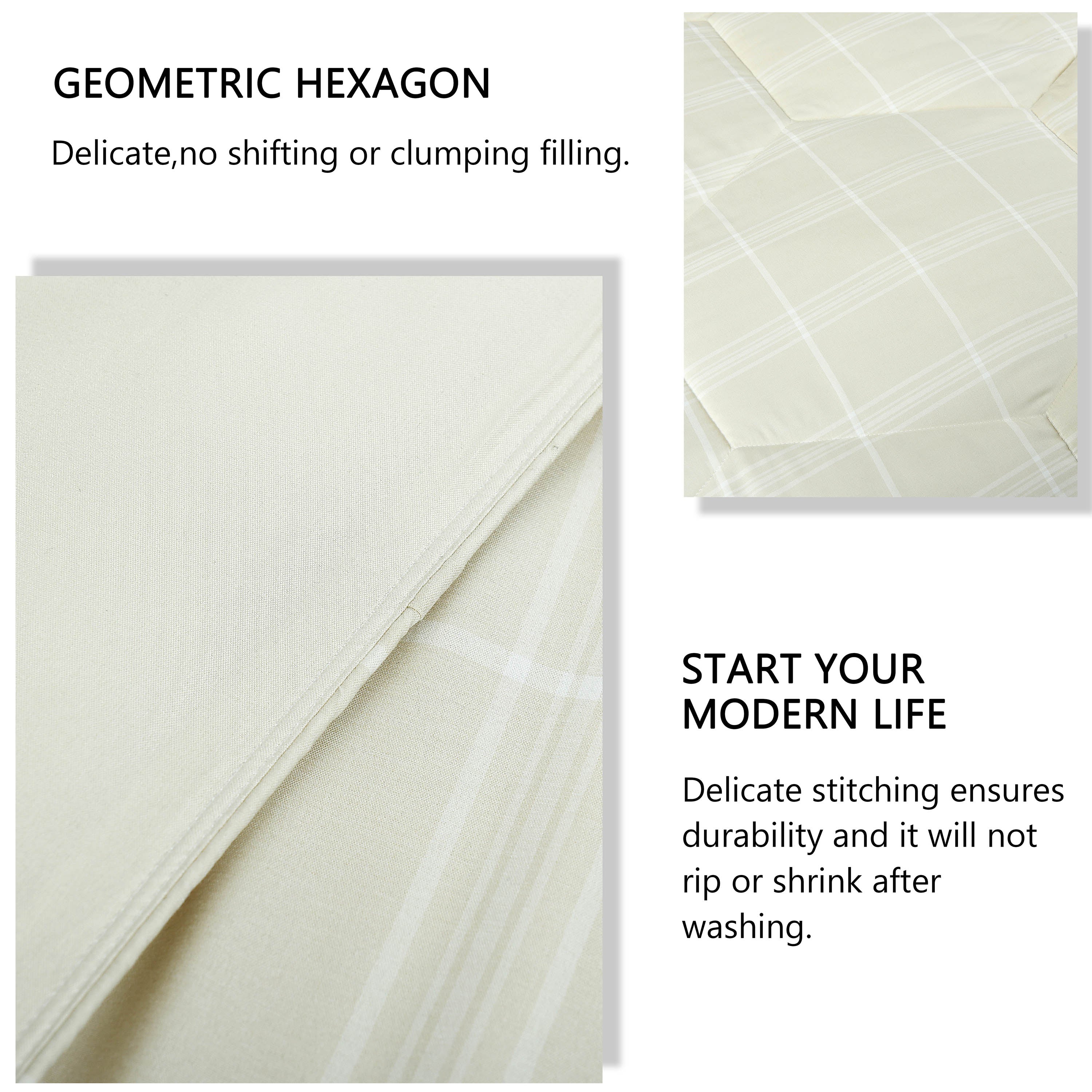 HIG 3PCS Reversible Check Pattern Comforter Set Cationic Dyeing Bedding Set, Beige / Gray, Queen / King