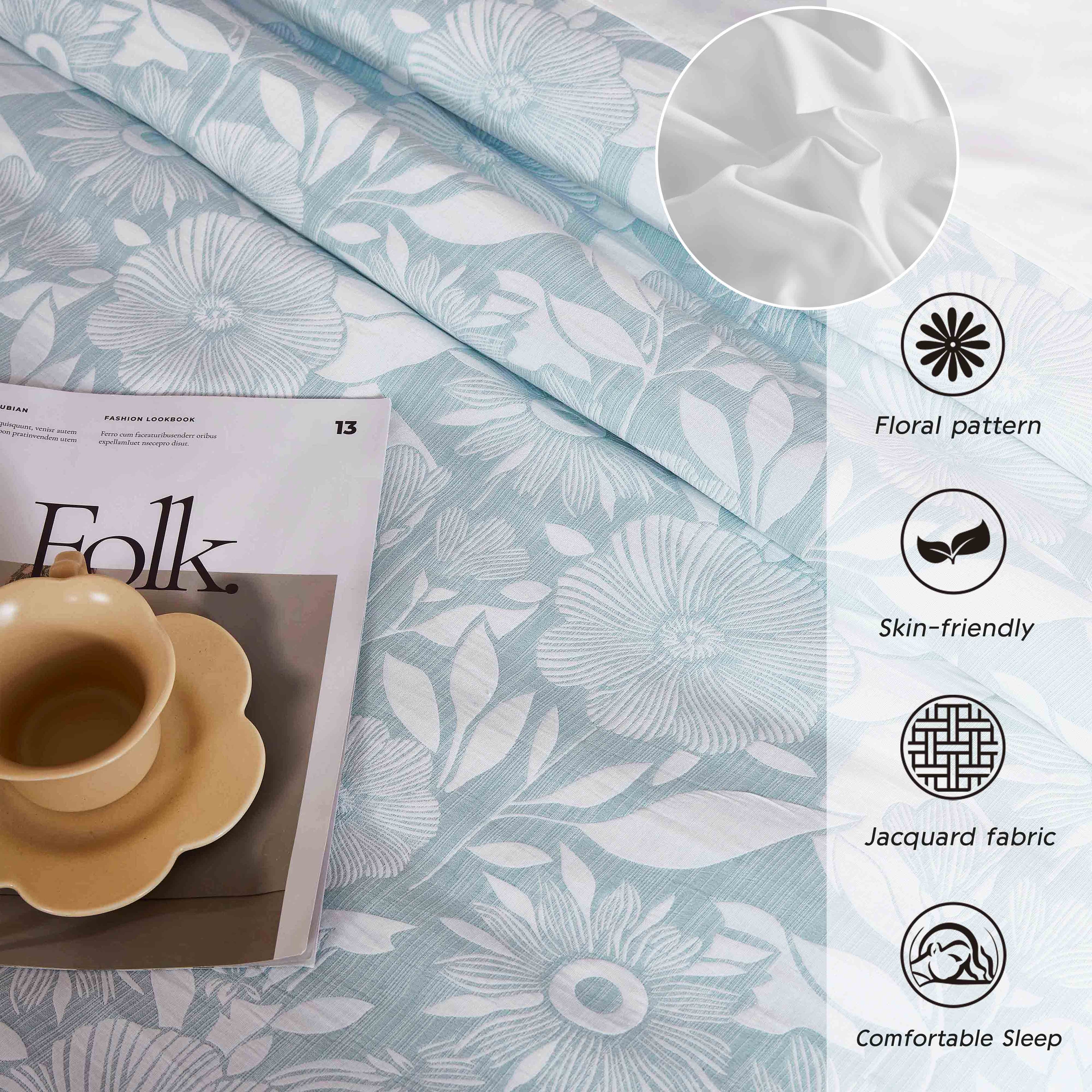 HIG 7pc Floral Jacquard Bed in a Bag Light Blue Botanical Comforters with Flat Sheet, Fitted Sheet and Shams