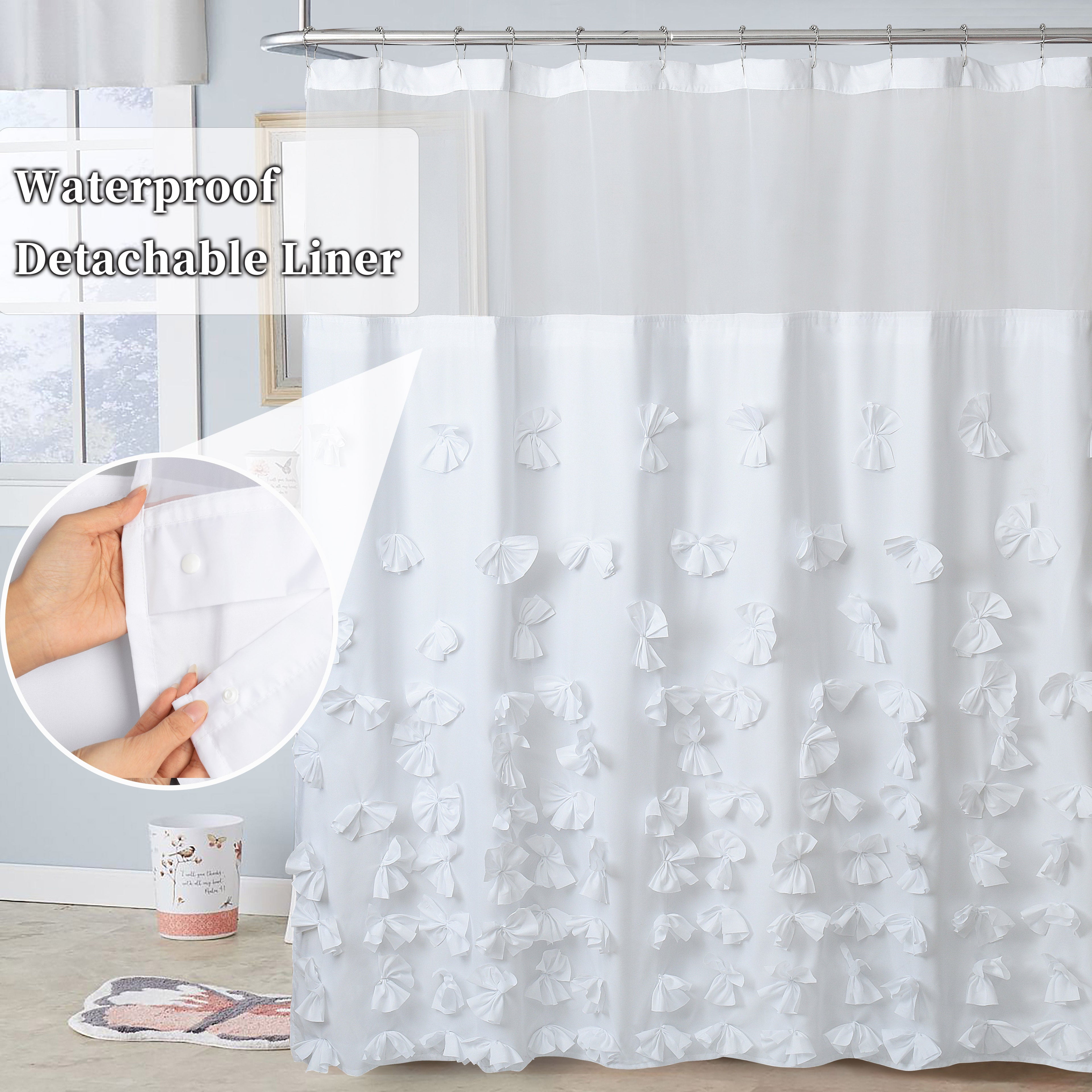 HIG Farmhouse Shower Curtain with Waterproof Detachable Liner, Boho Decorative Bathroom Curtain with Butterfly Flowers, Vintage Fabric Shower Curtain with See Through Window, 72" x 72"
