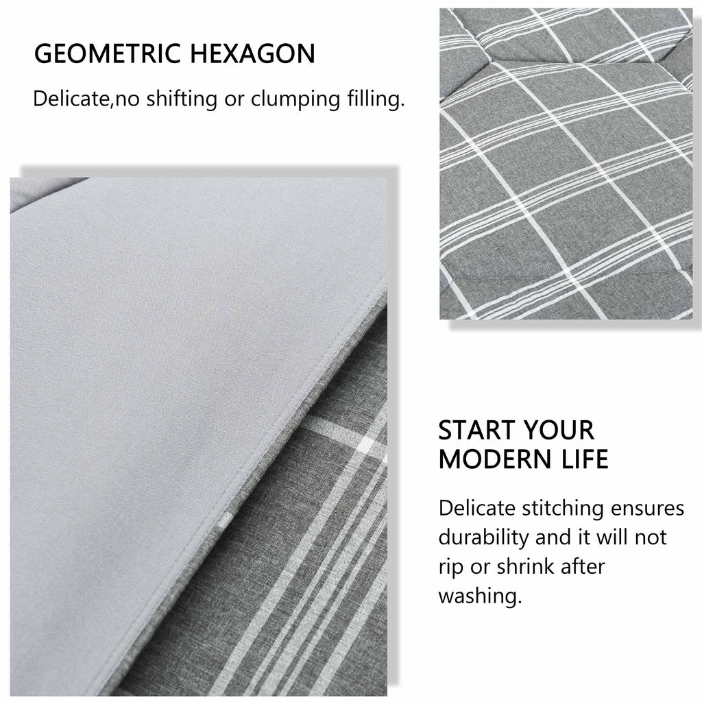 HIG 3PCS Reversible Check Pattern Comforter Set Cationic Dyeing Bedding Set, Beige / Gray, Queen / King